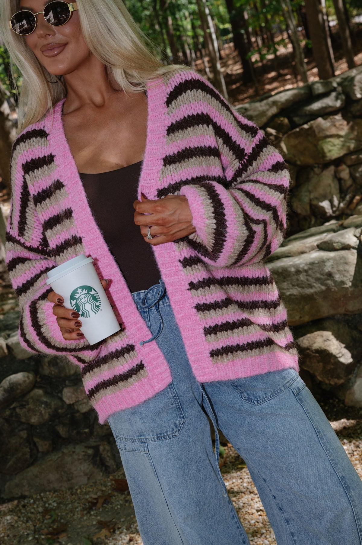 Chunky Striped Cardigan-Pink