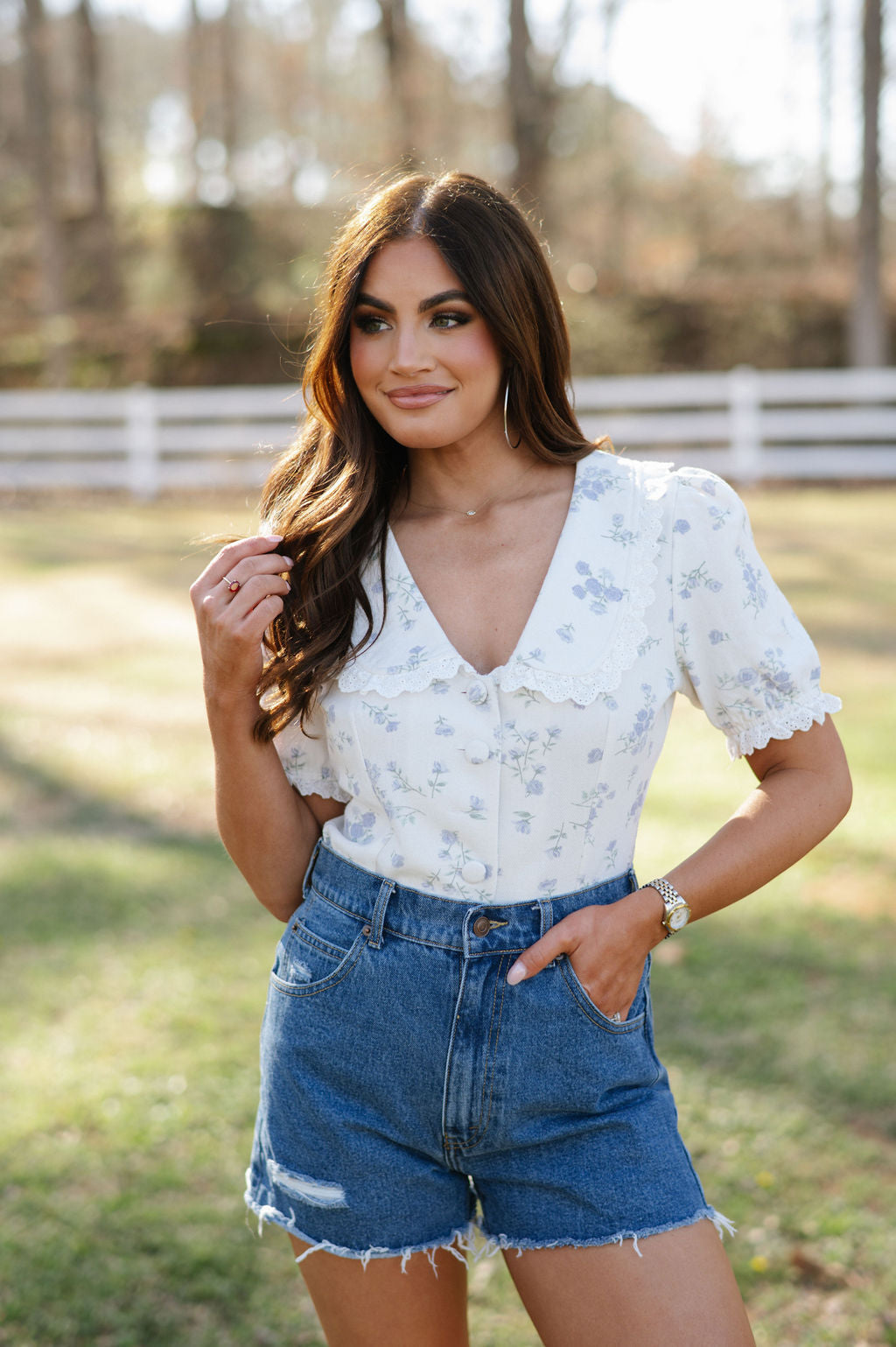 Floral Collared Top- Cream/Blue