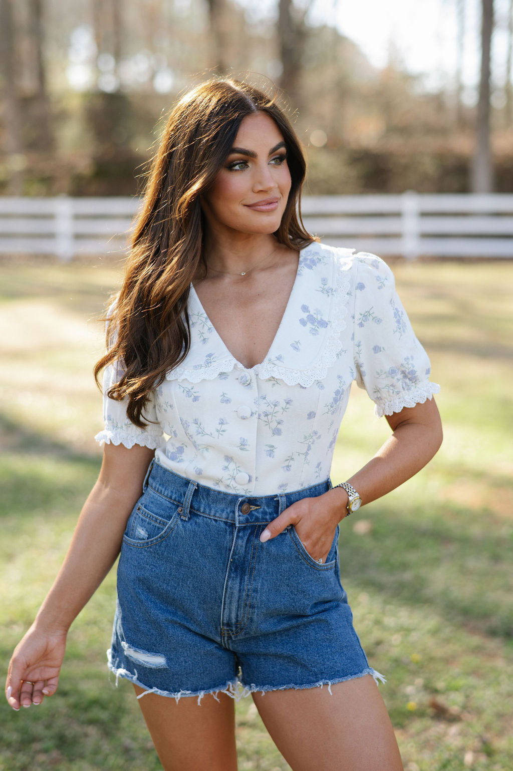 Floral Collared Top- Cream/Blue