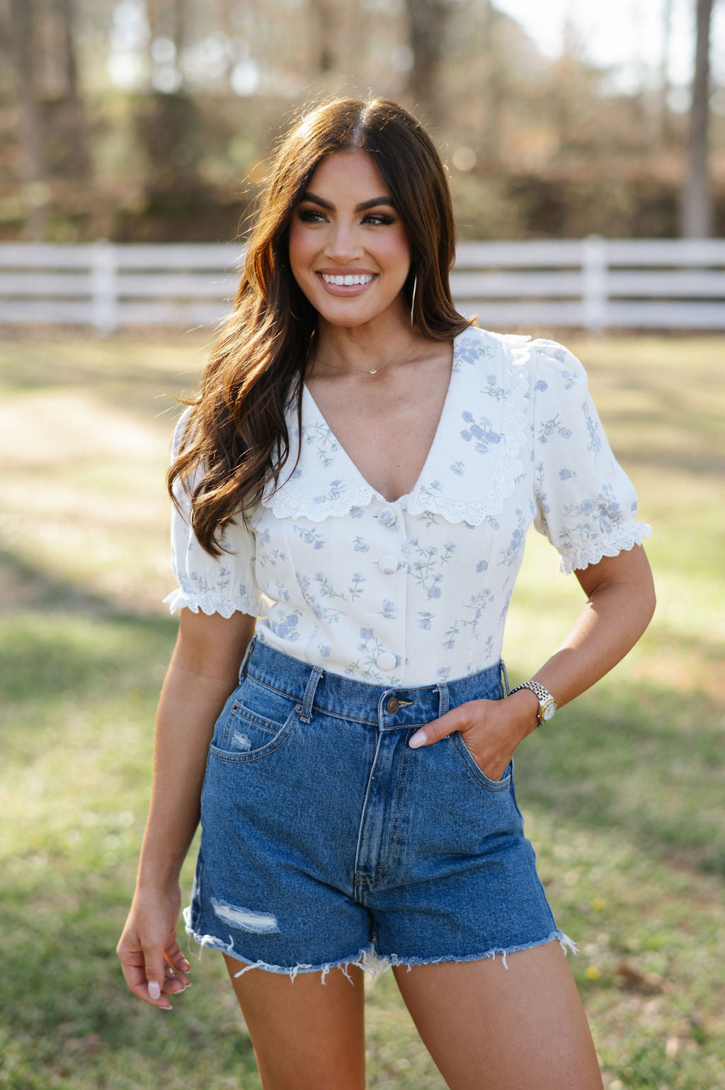 Floral Collared Top- Cream/Blue