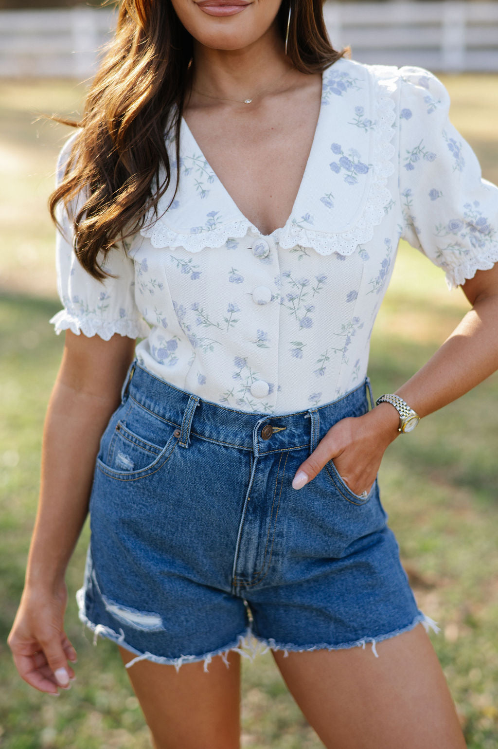 Floral Collared Top- Cream/Blue