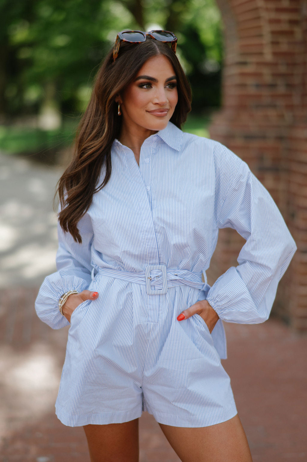 Cullen Belted Romper-Sky Blue