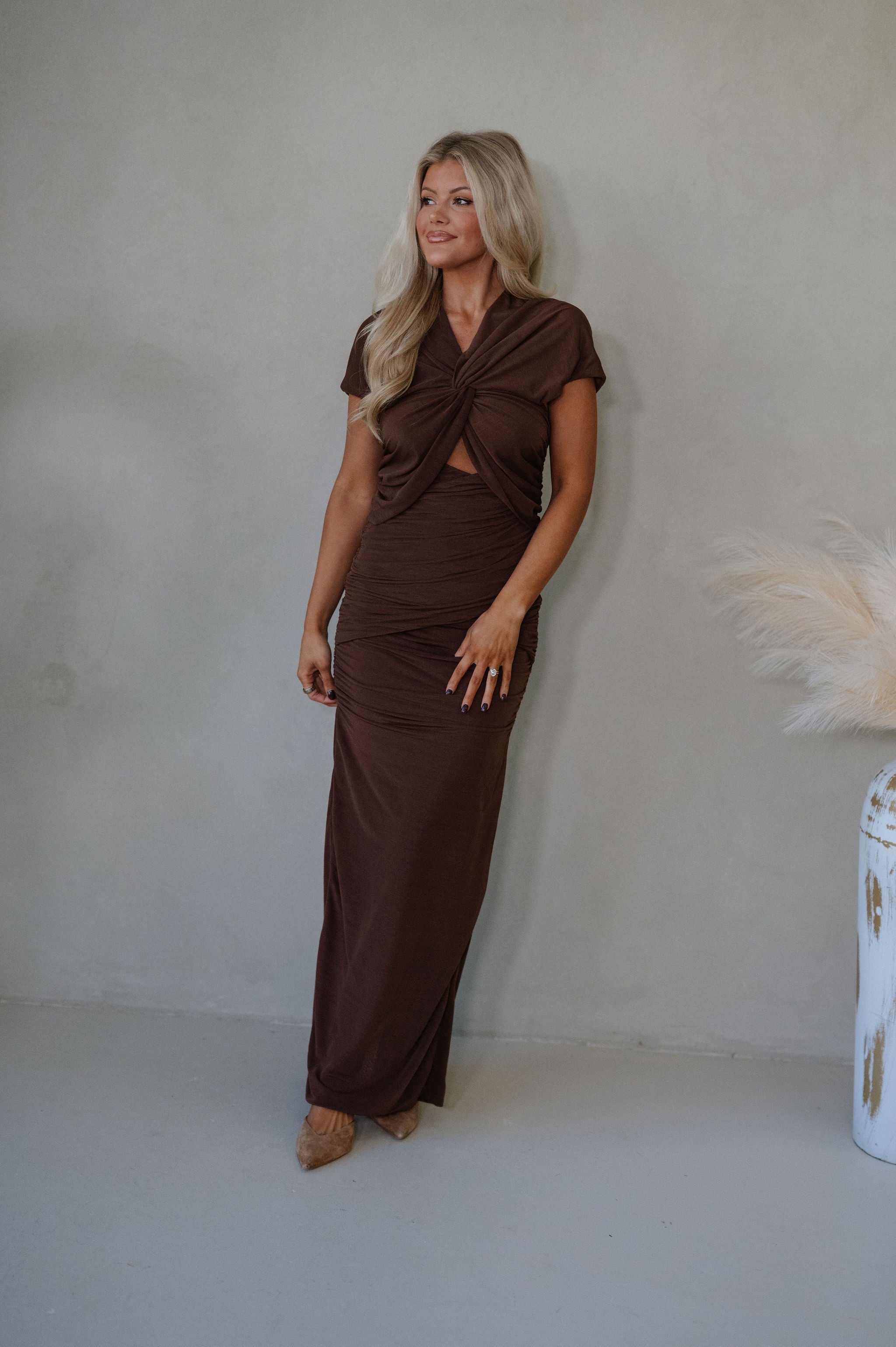 Maya Ruched Maxi Dress-Chocolate