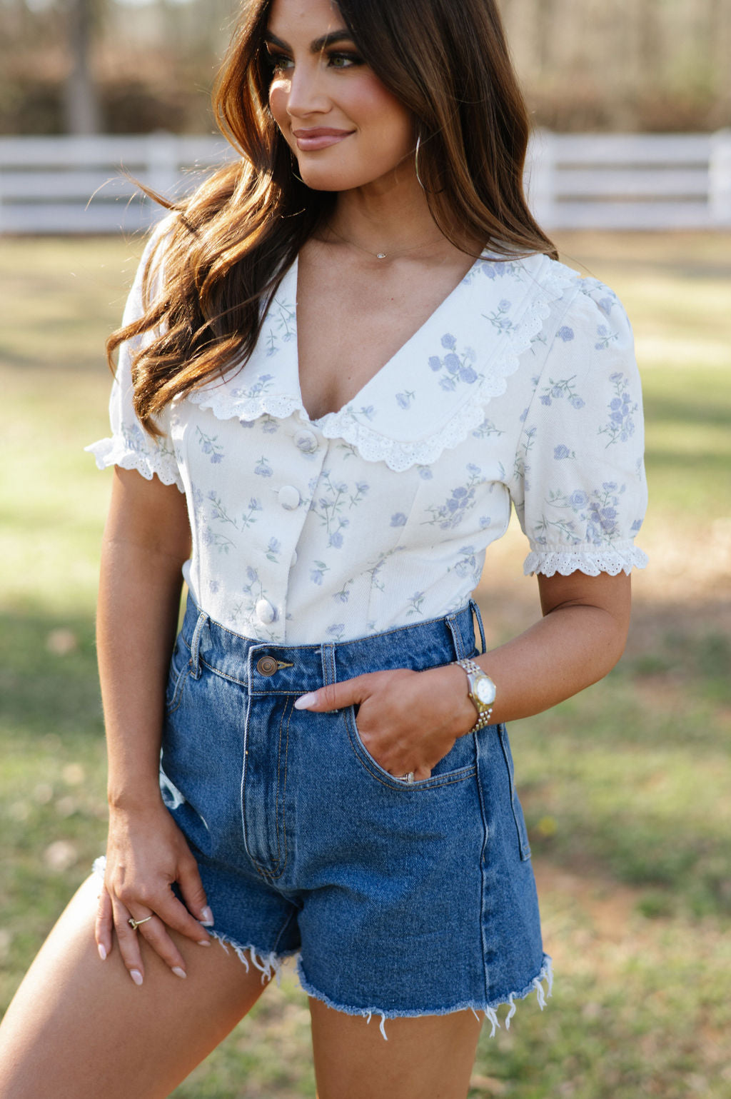 Floral Collared Top- Cream/Blue