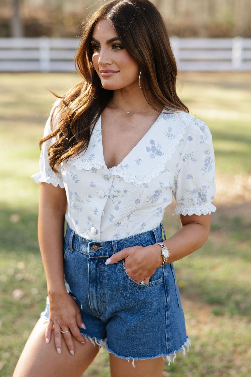 Floral Collared Top- Cream/Blue