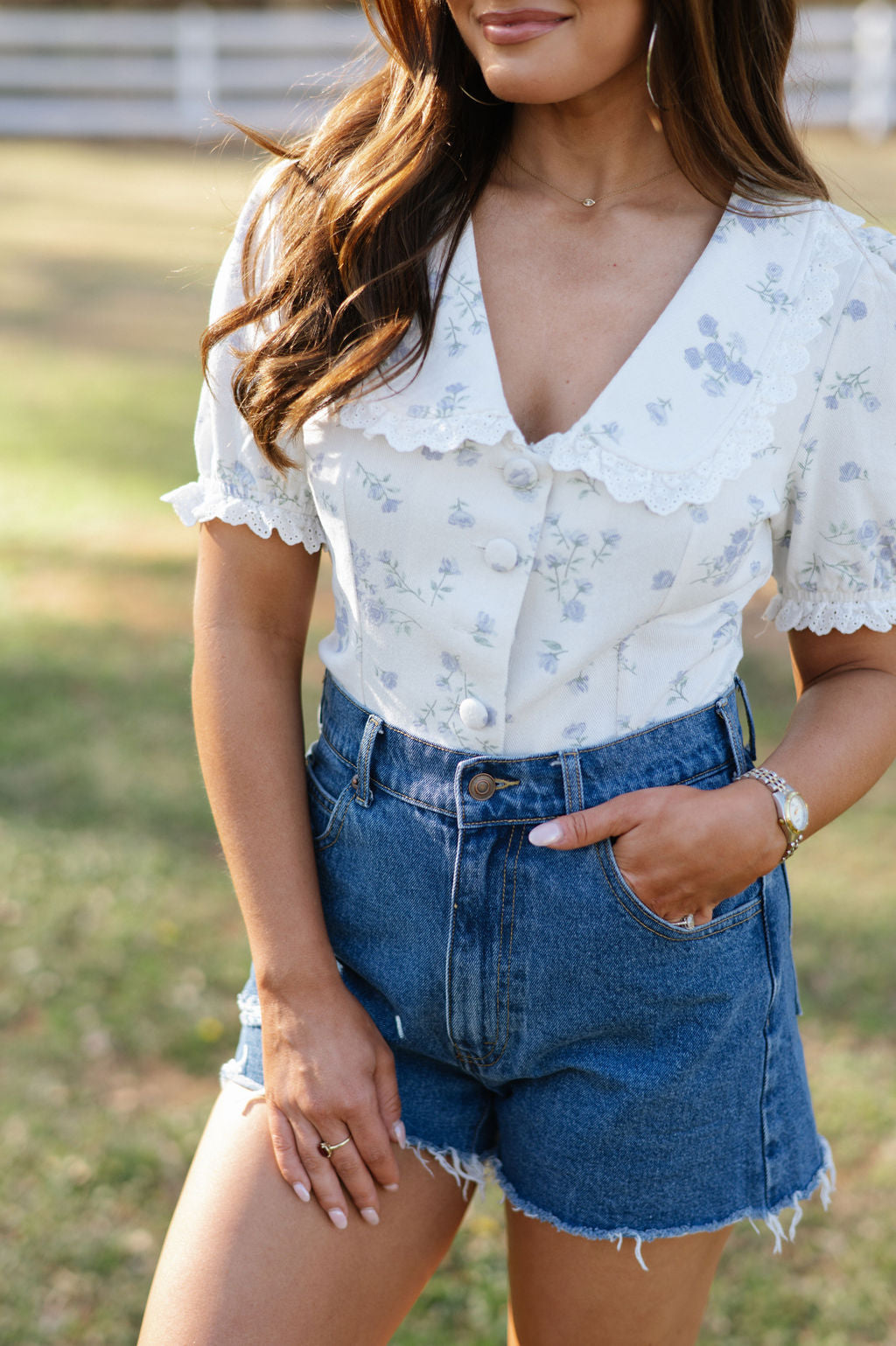 Floral Collared Top- Cream/Blue