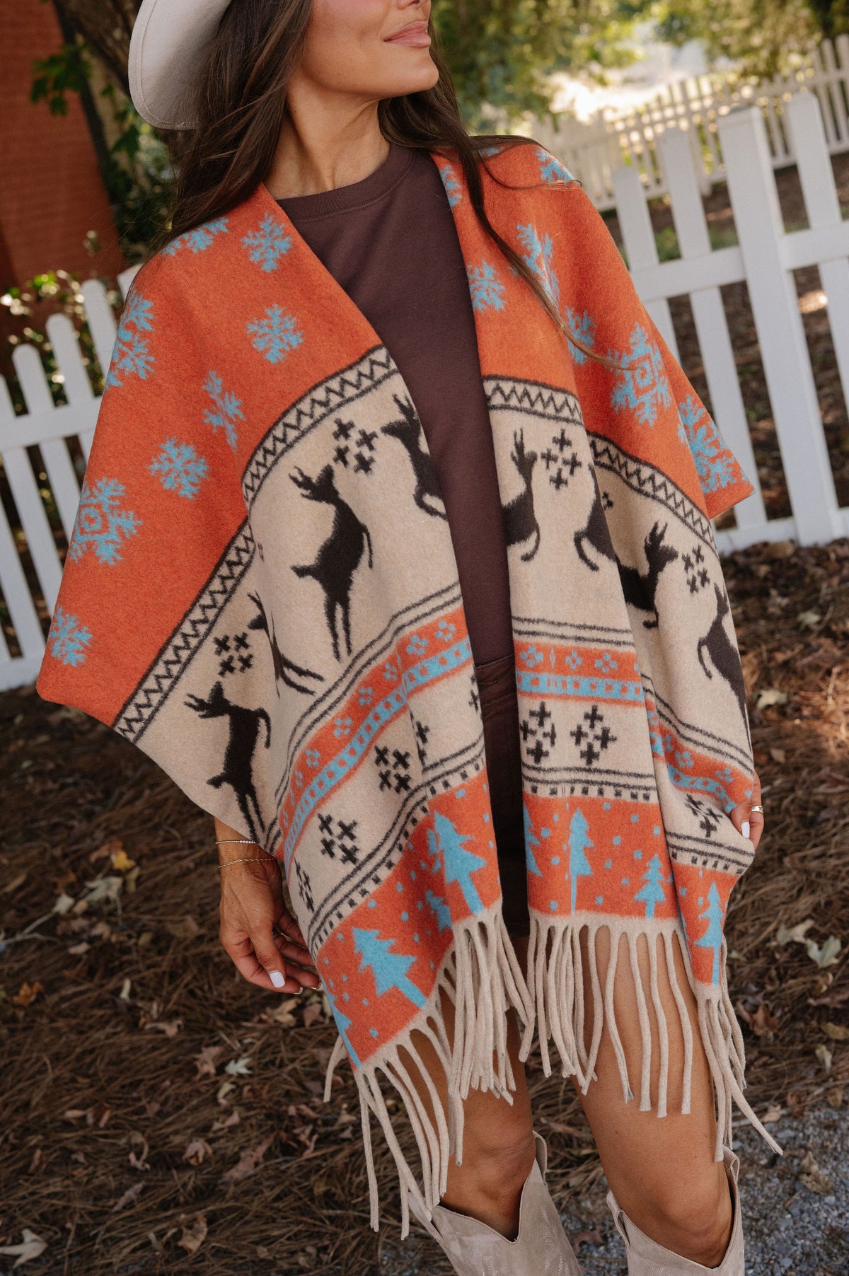 Poppy Fringed Oversized Cape-Rust