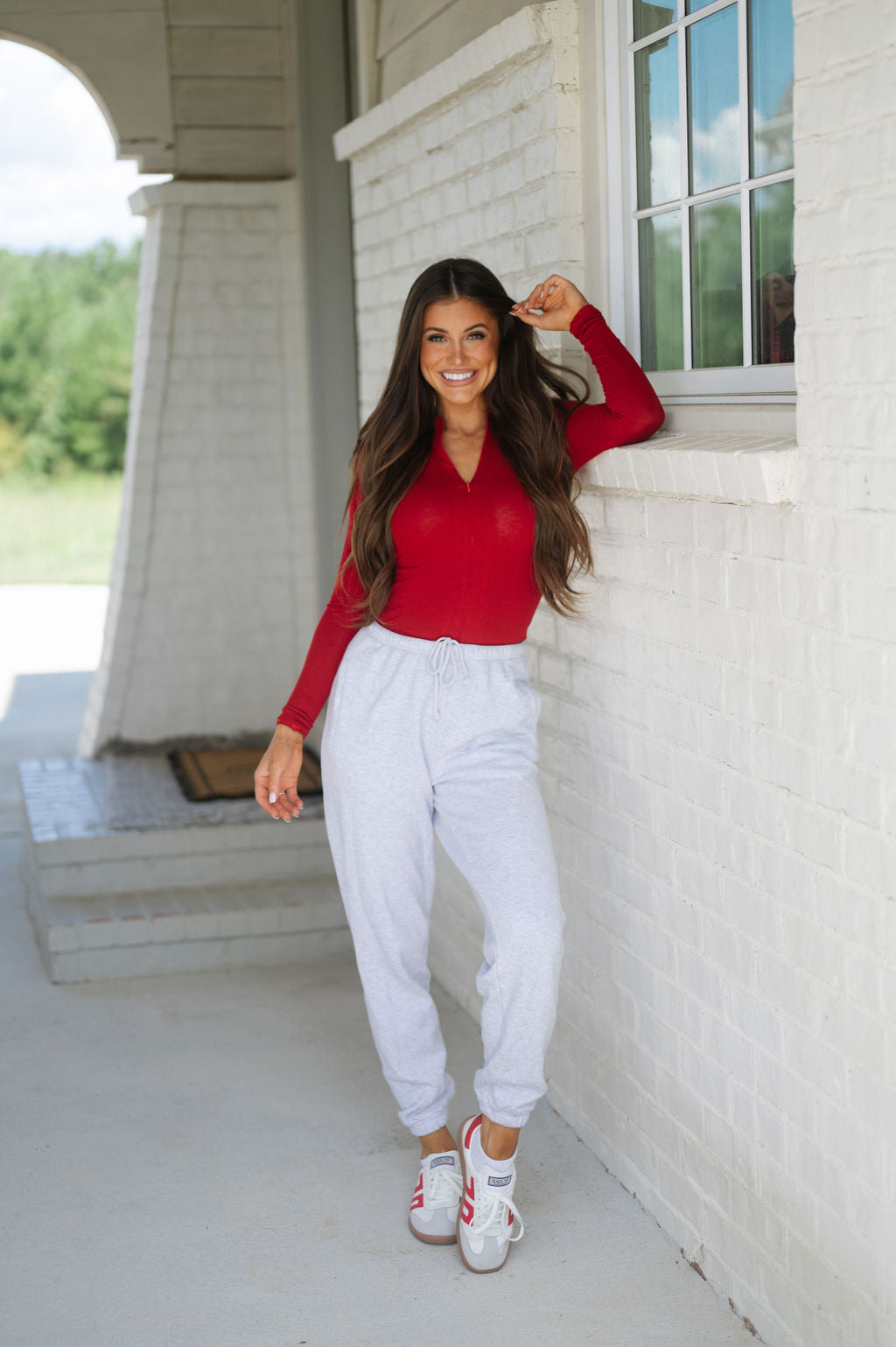 Quarter Zip Ribbed Top-Red