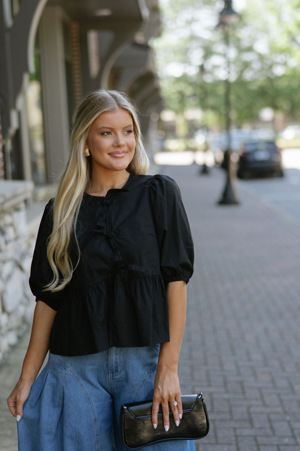 Poplin Front Tie Top-Black