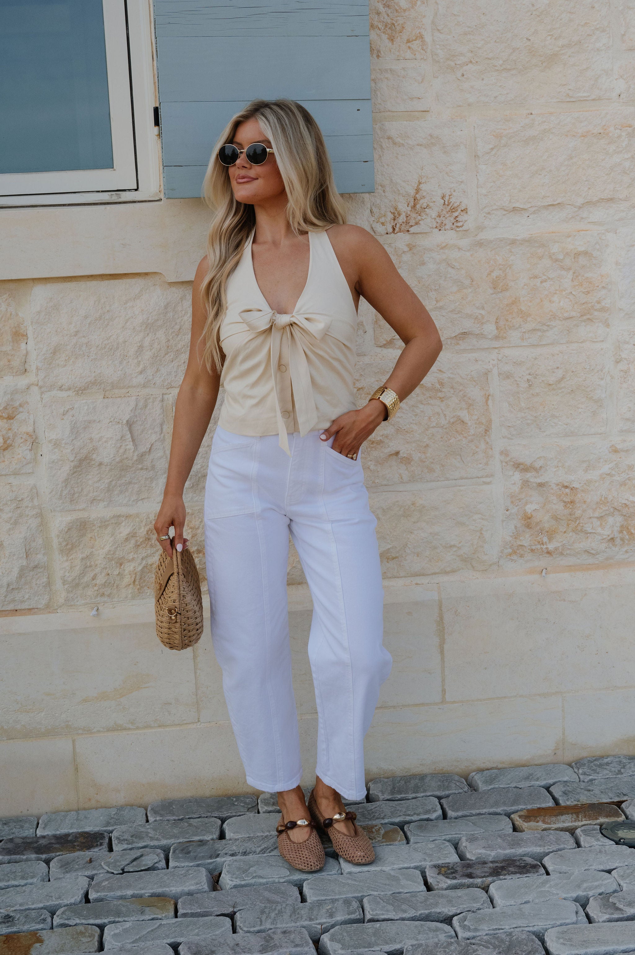Tie Front Halter Top-Natural