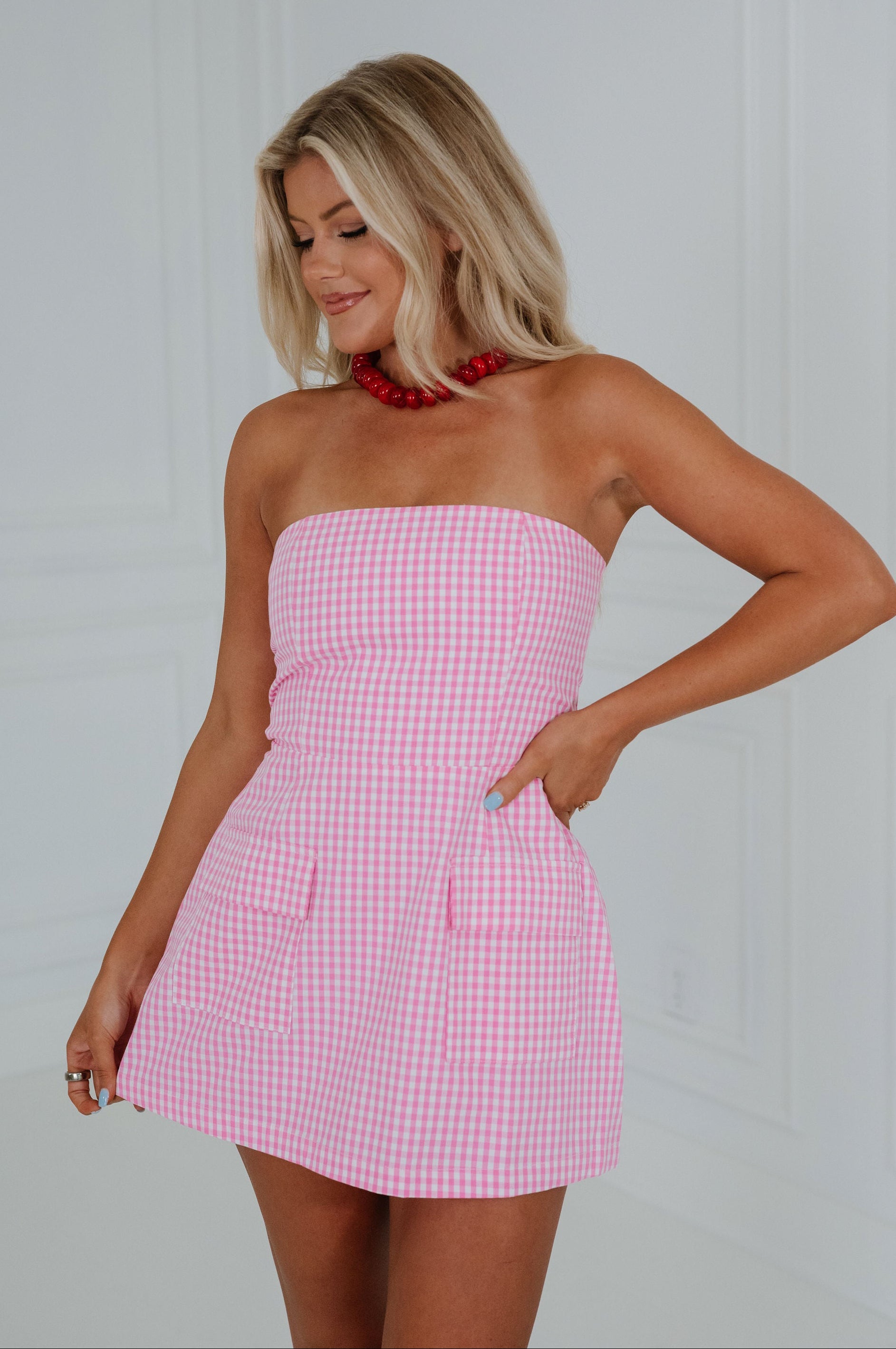 Harper Pocketed Mini Dress-Pink Gingham