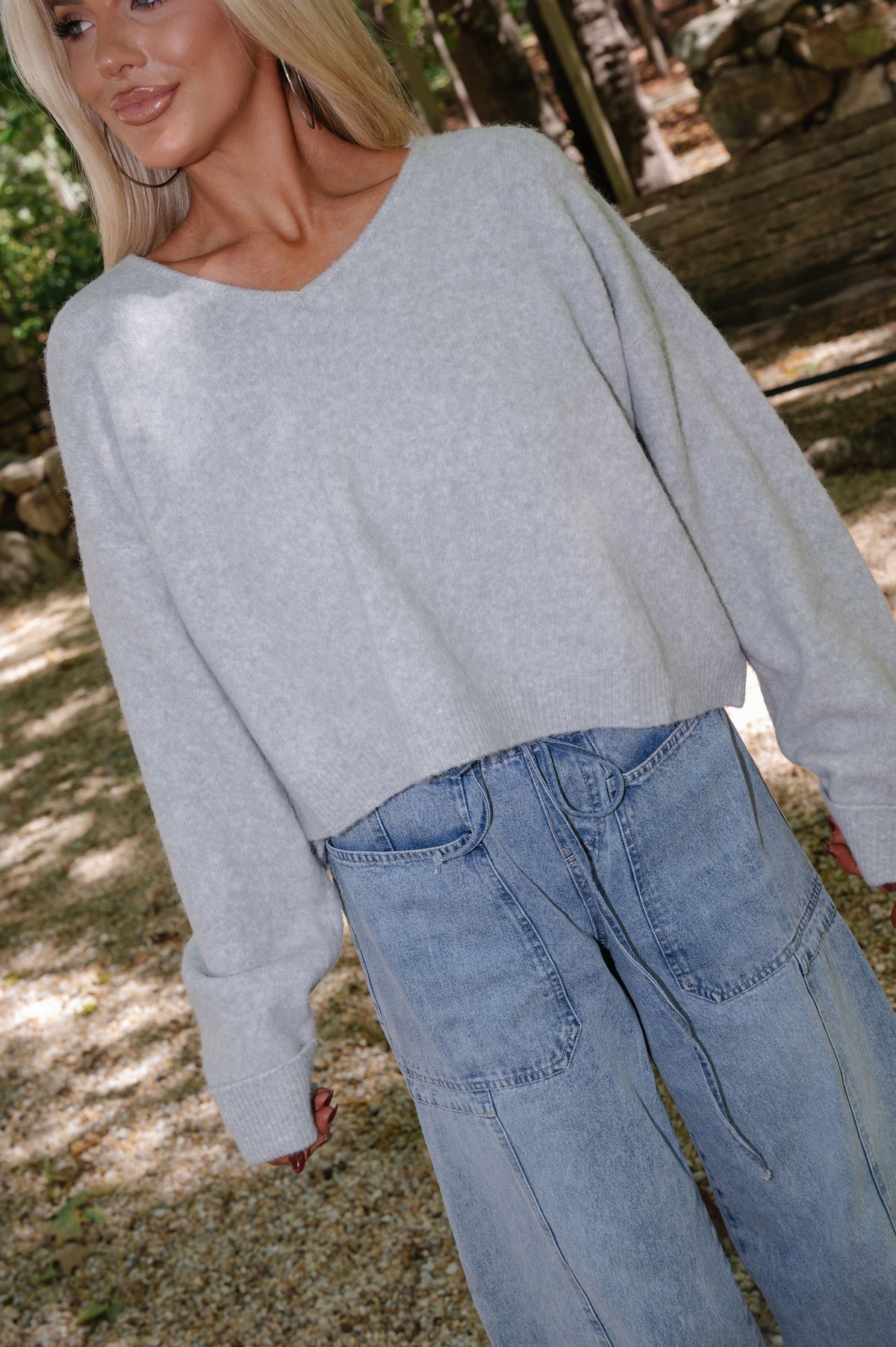 Stella V-neck Knit Sweater-Light Grey