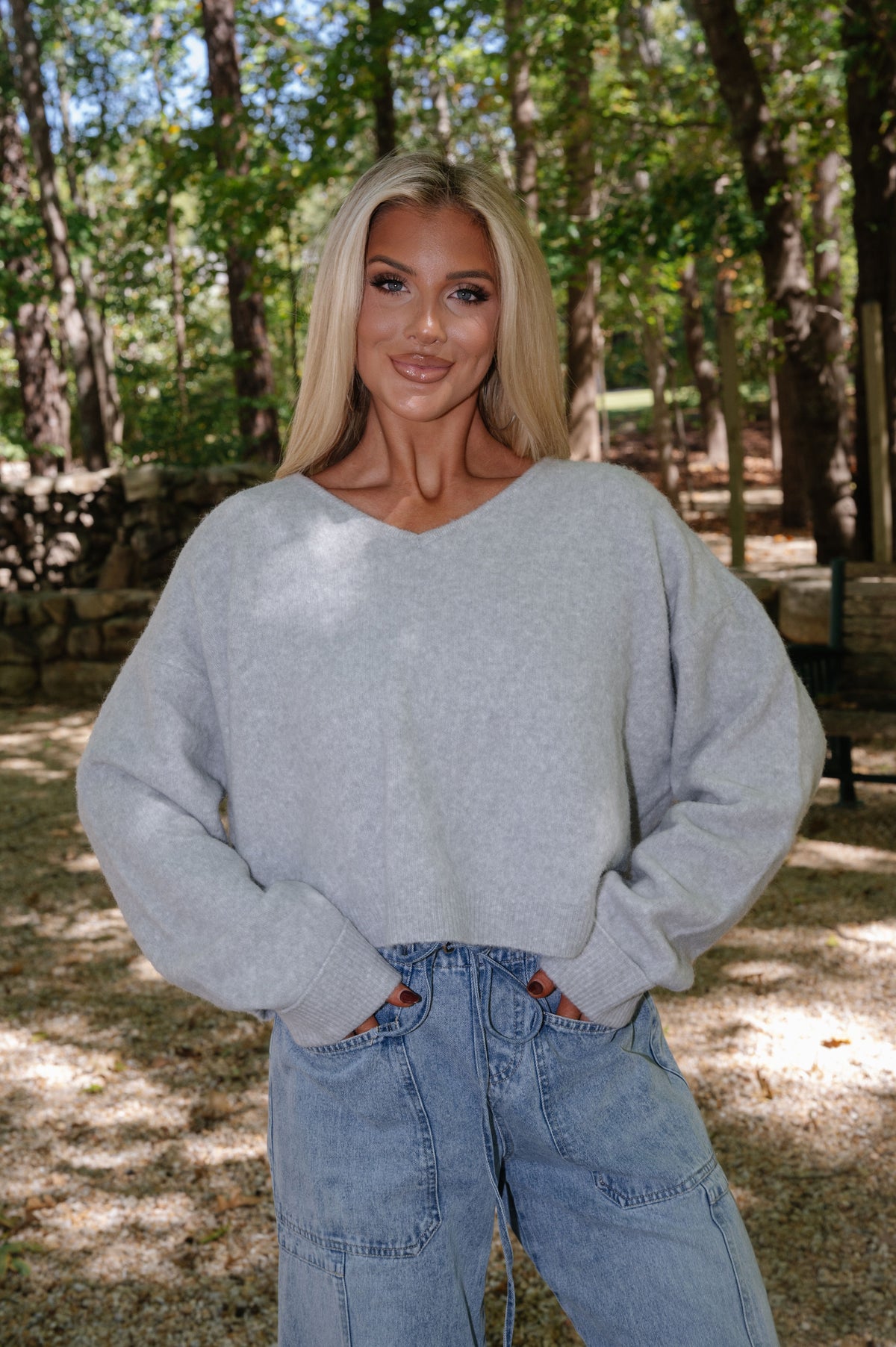 Stella V-neck Knit Sweater-Light Grey
