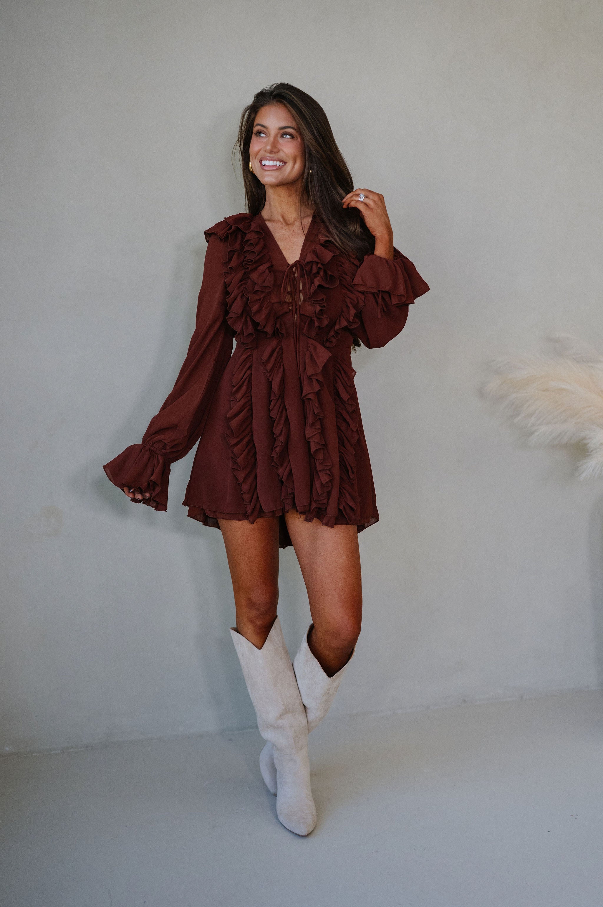 Chiffon Ruffled Mini Dress-Rust