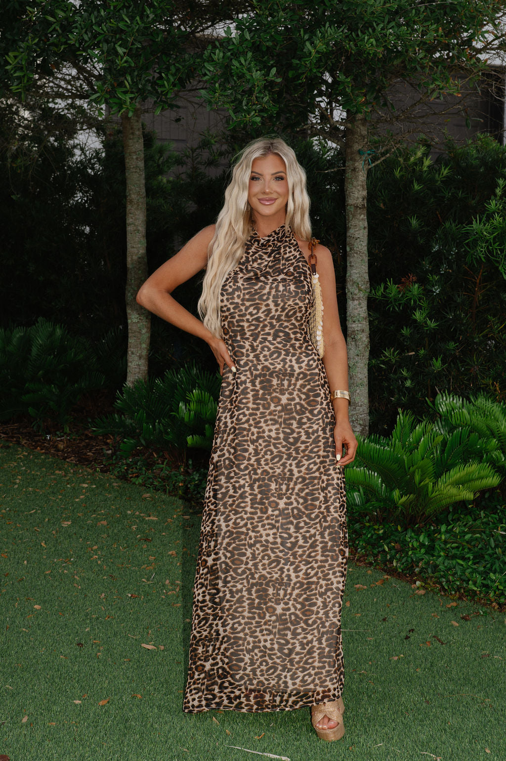 Leopard Print Mesh Maxi Dress