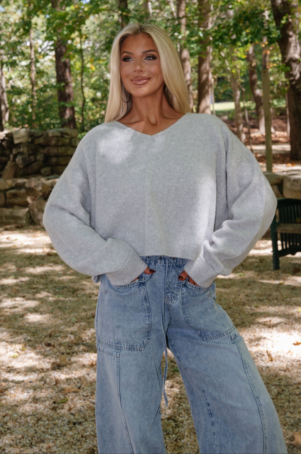 Stella V-neck Knit Sweater-Light Grey