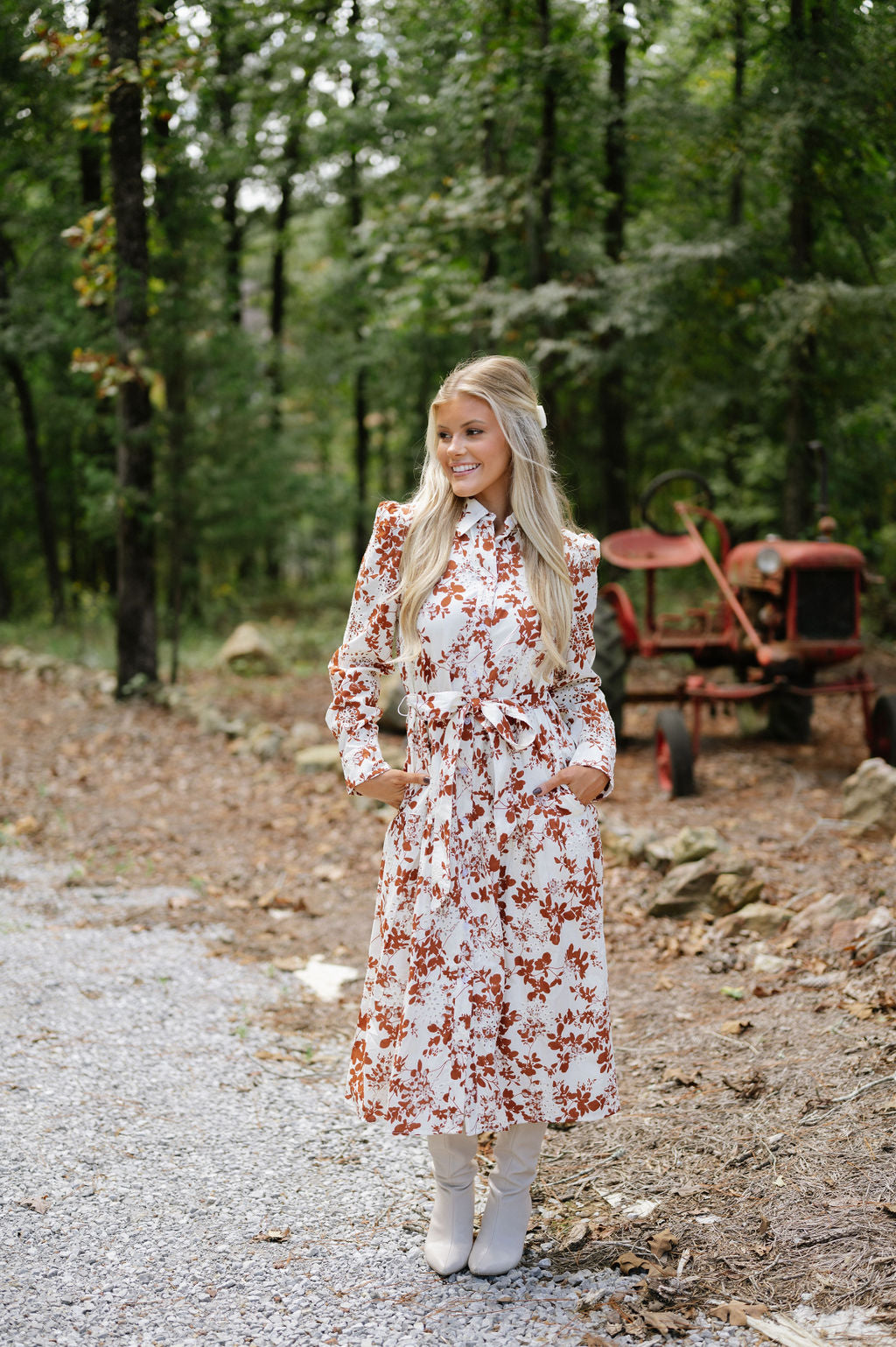 Broderie Midi Dress-Ivory/Brown