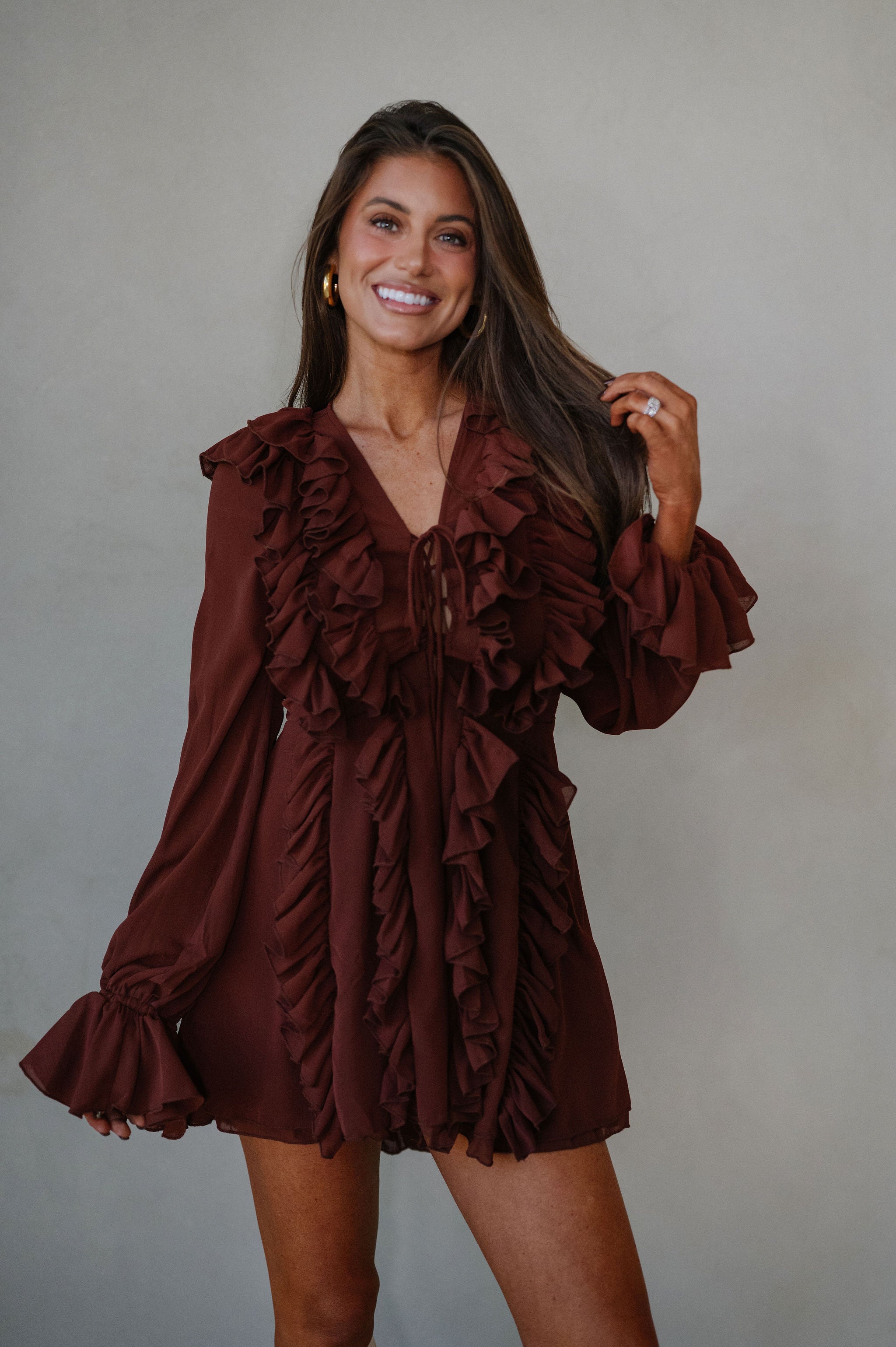 Chiffon Ruffled Mini Dress-Rust