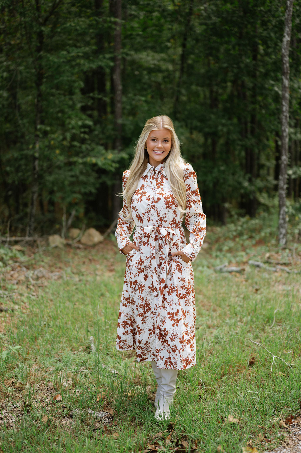 Broderie Midi Dress-Ivory/Brown