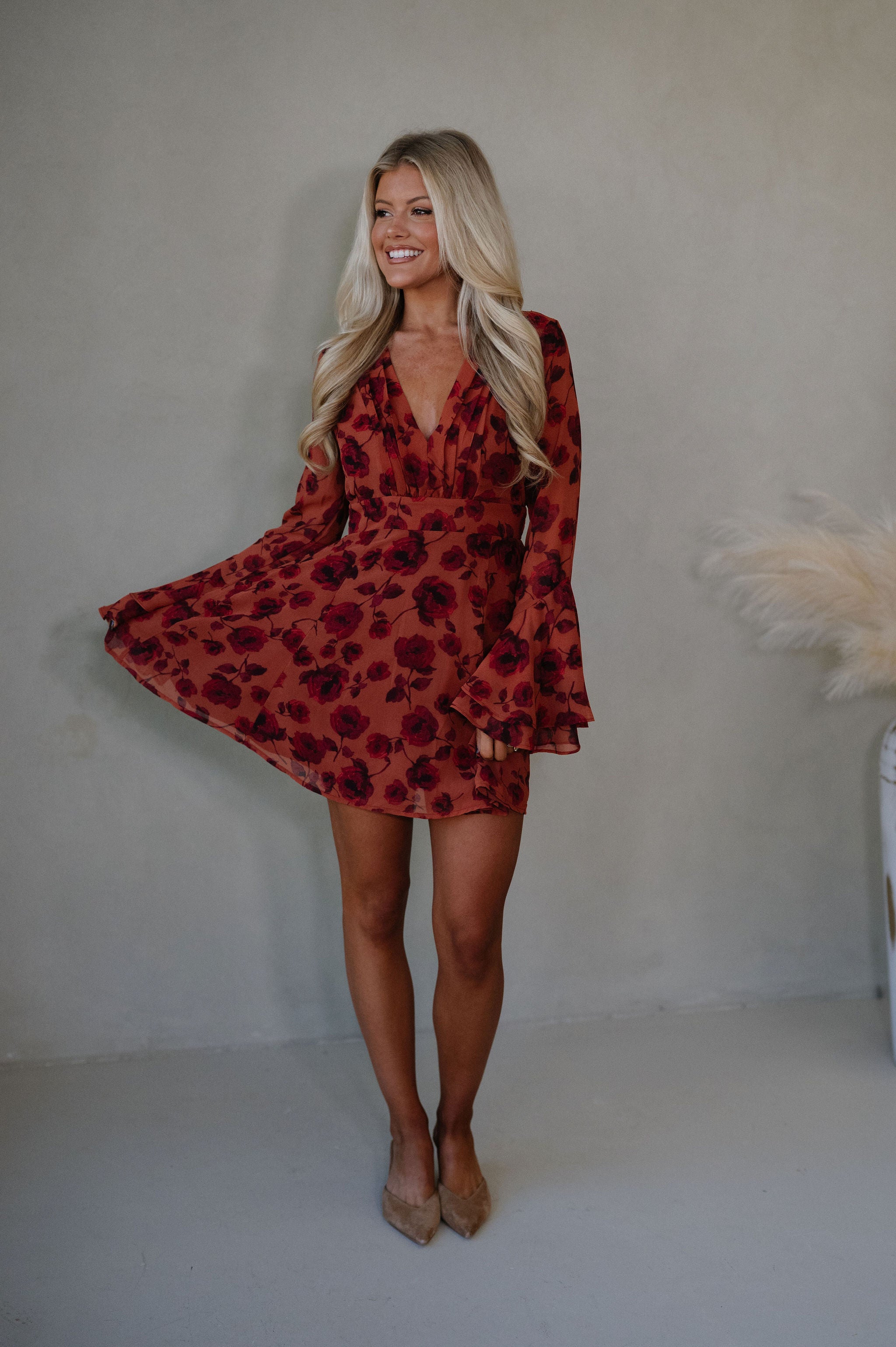 Vivian Bell Sleeve Mini Dress-Red/Rust