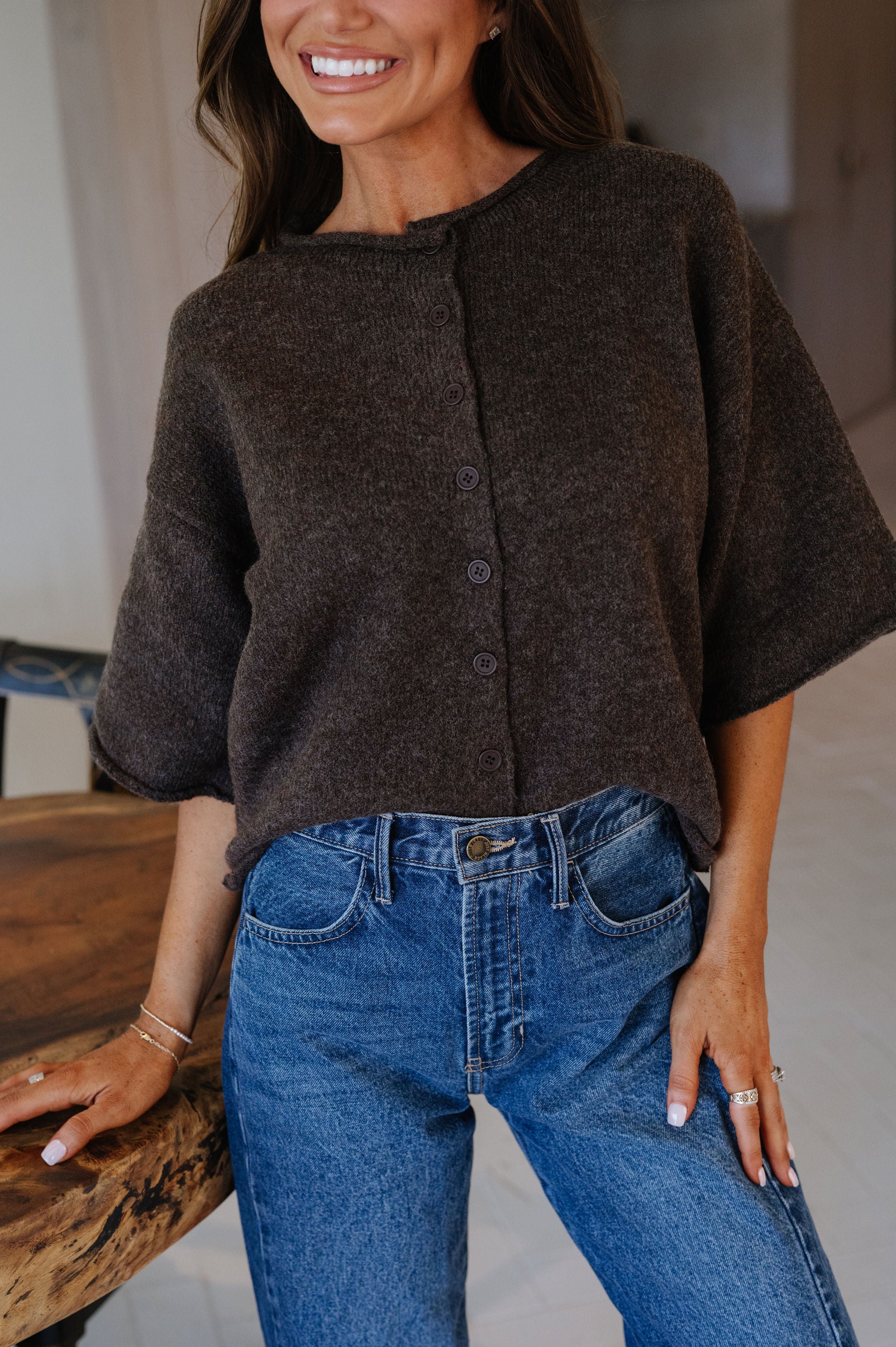 Kelsey Quarter Sleeve Cardigan-Dark Brown