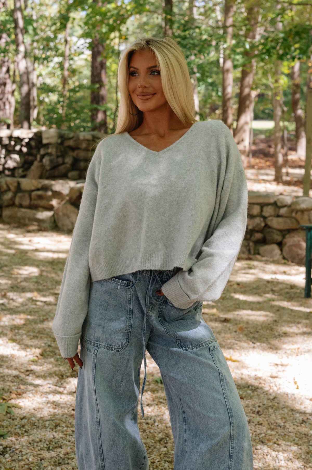 Stella V-neck Knit Sweater-Light Grey