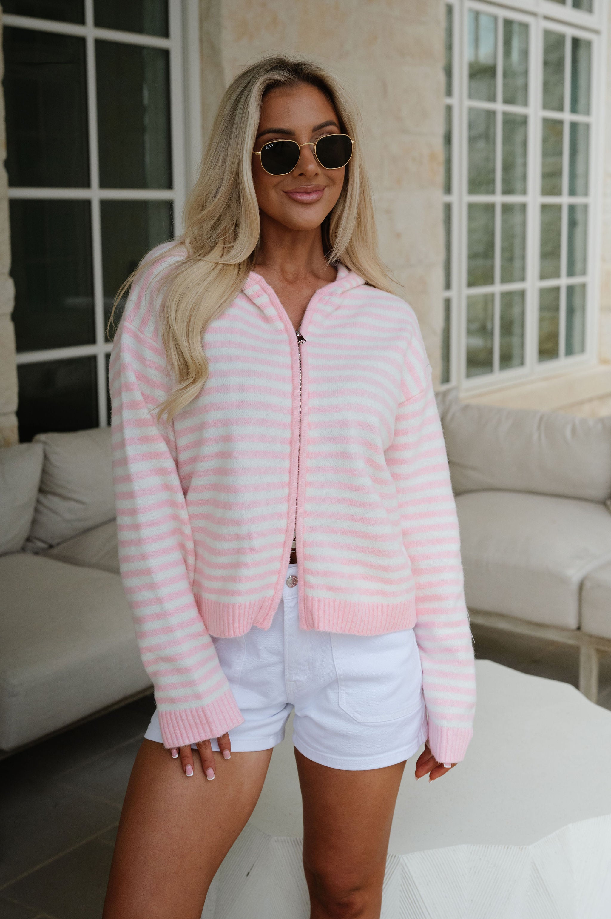 Callie Striped Hoodie-Baby Pink
