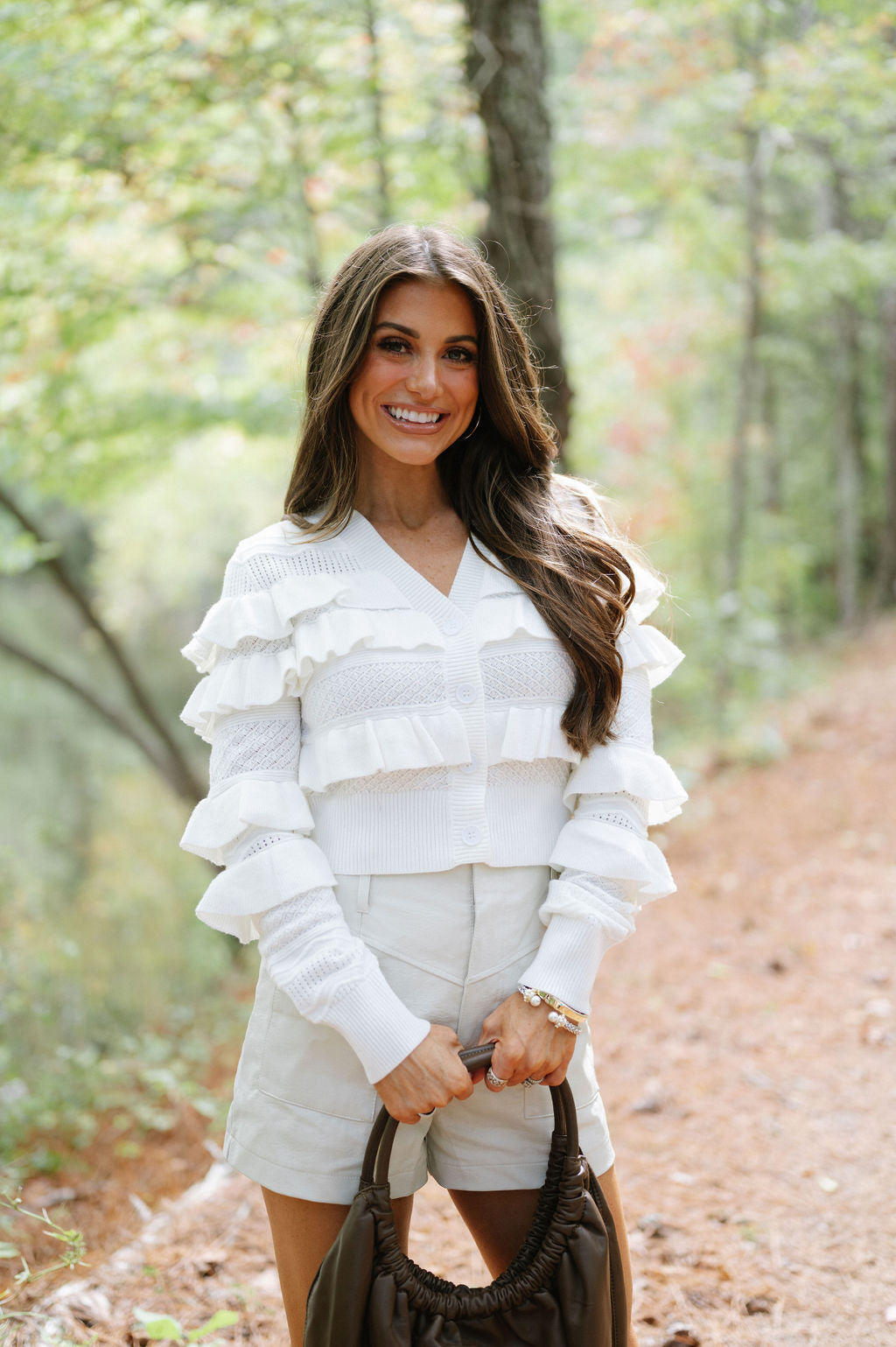 Ruffle V-Neck Cardigan-Ivory