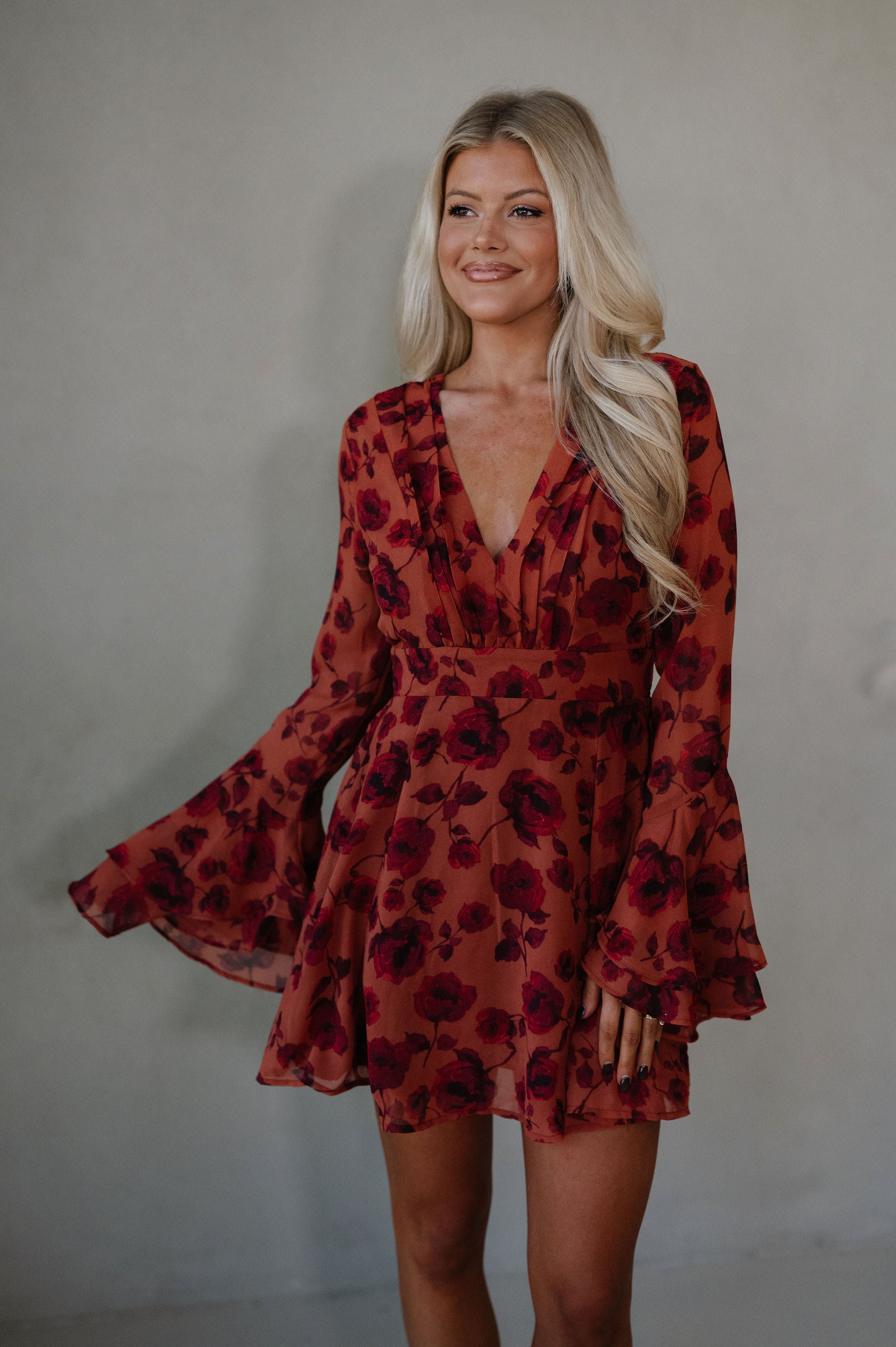 Vivian Bell Sleeve Mini Dress-Red/Rust