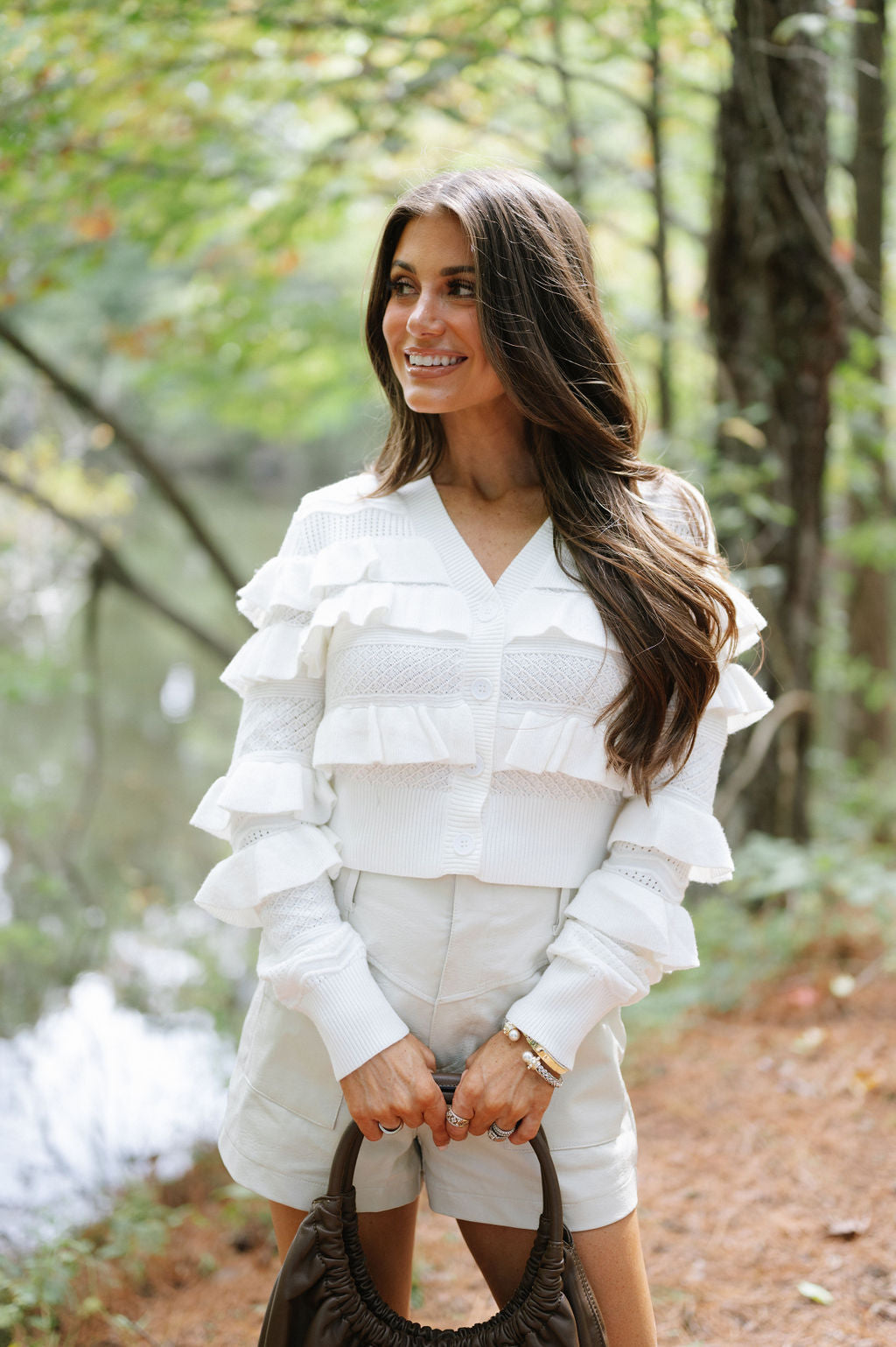 Ruffle V-Neck Cardigan-Ivory