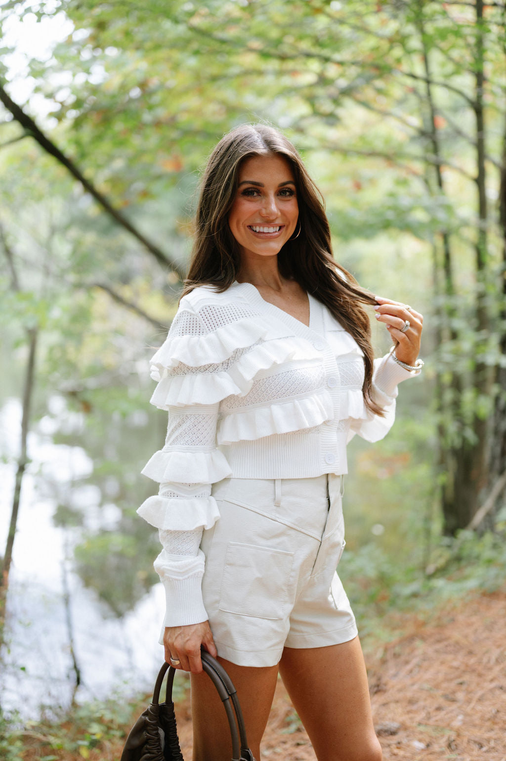 Ruffle V-Neck Cardigan-Ivory