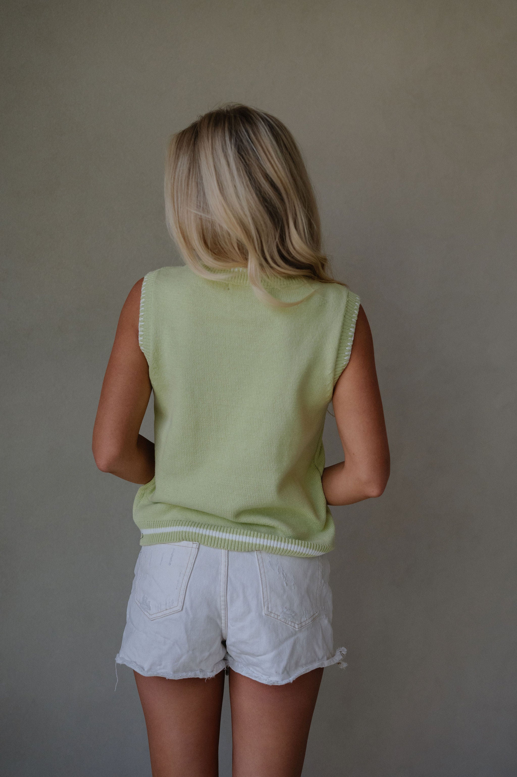 Fish Print Sweater Vest-Lime/Off White