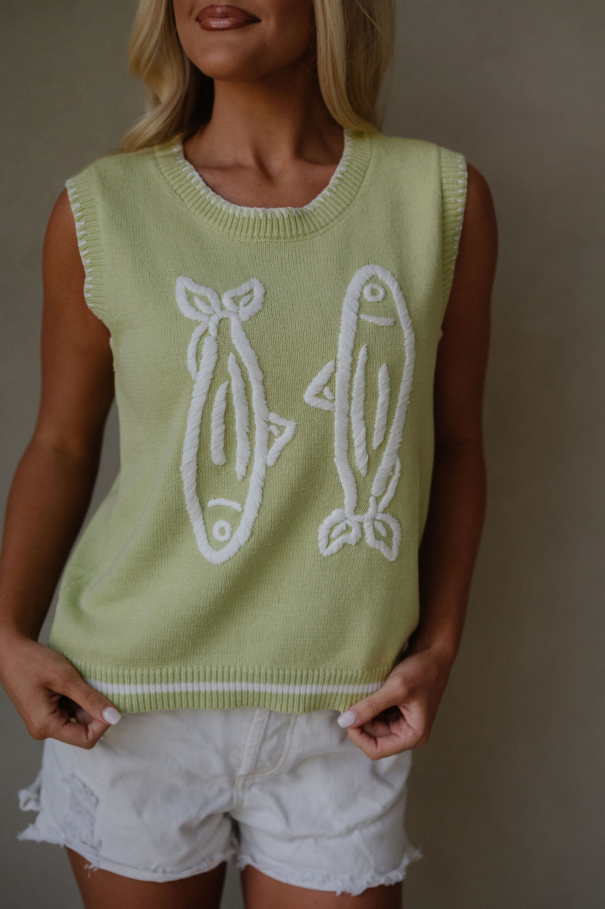Fish Print Sweater Vest-Lime/Off White