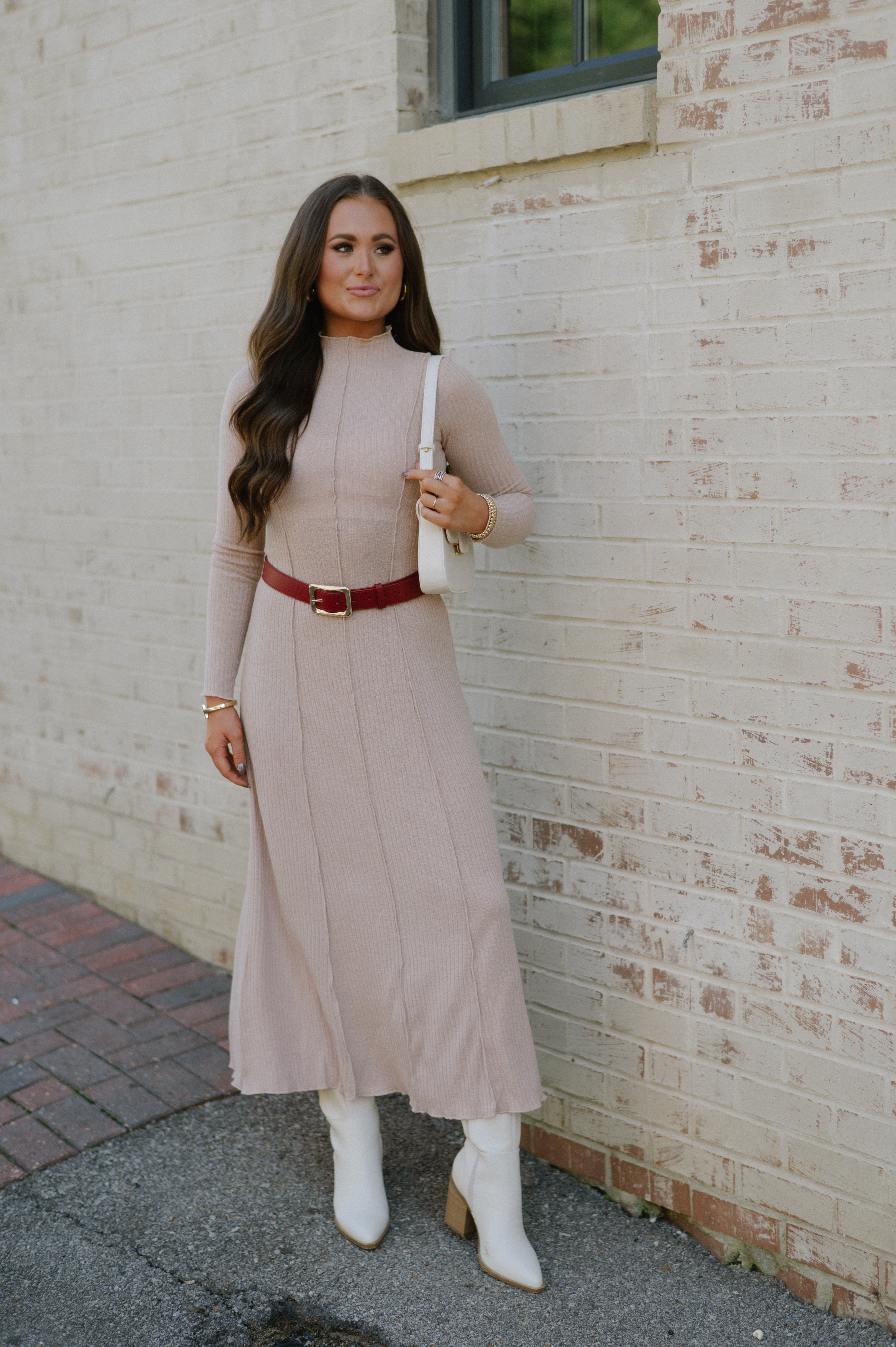 Mock Neck Ribbed Dress-Latte