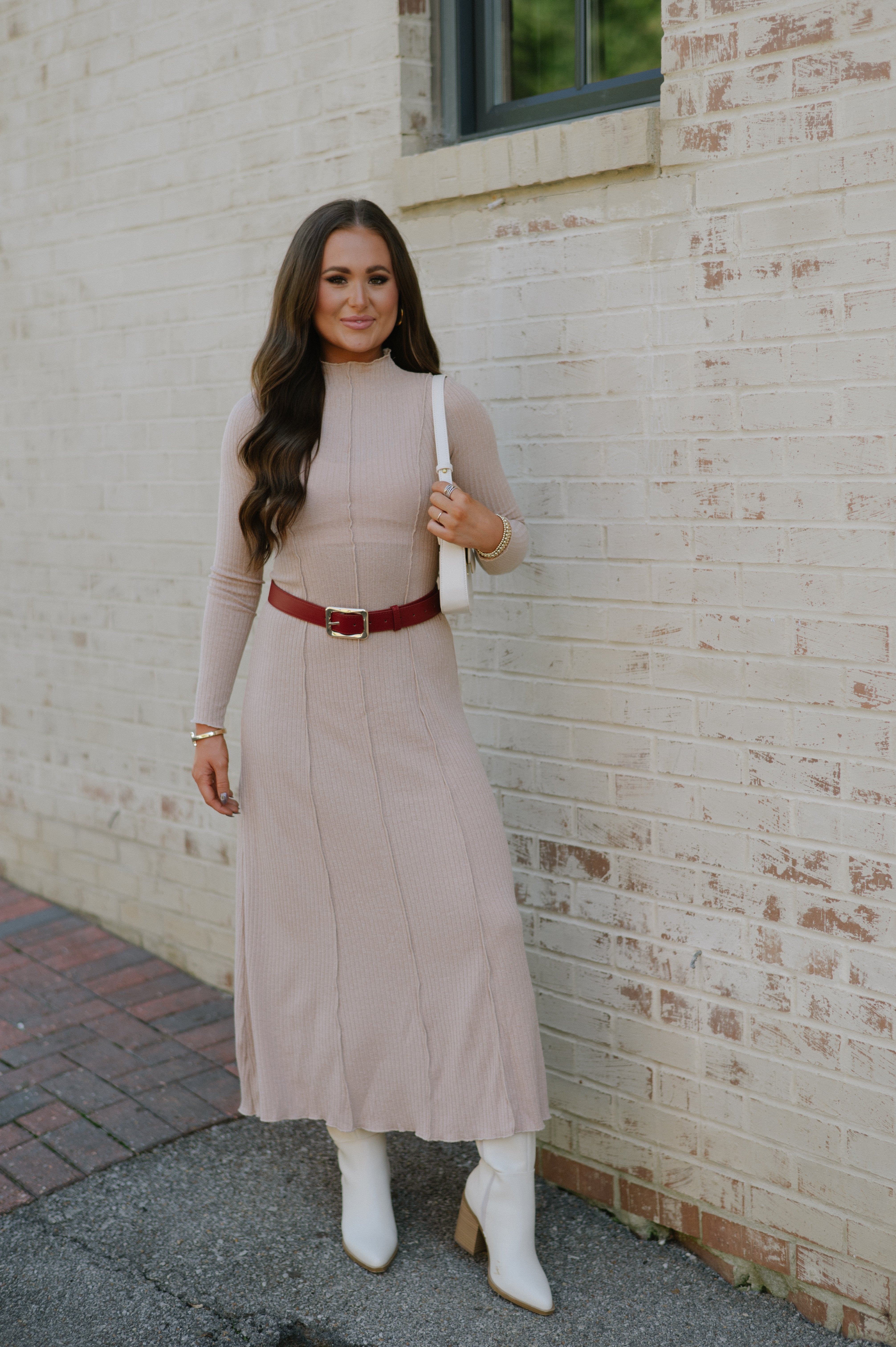 Mock Neck Ribbed Dress-Latte