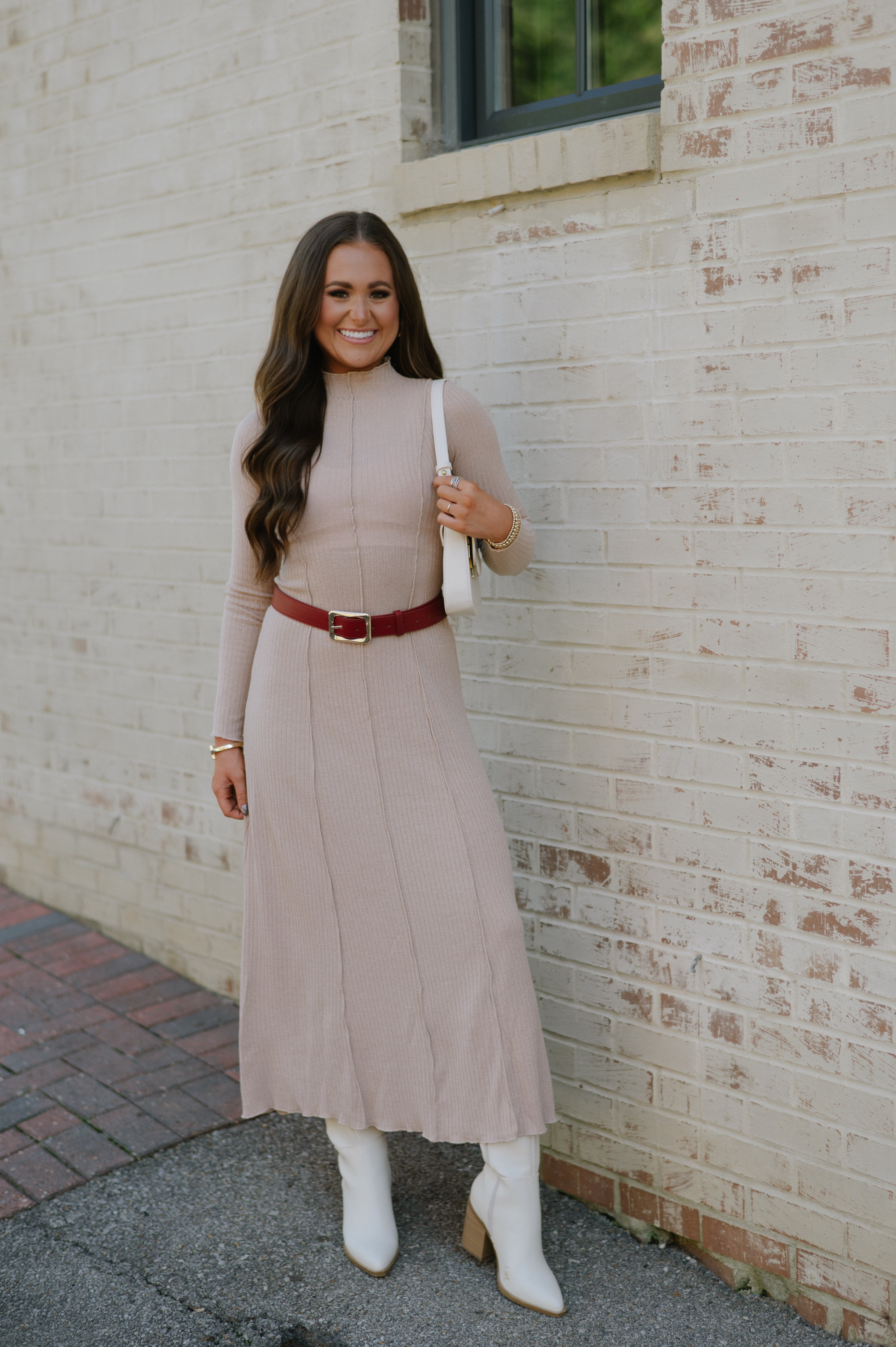 Mock Neck Ribbed Dress-Latte