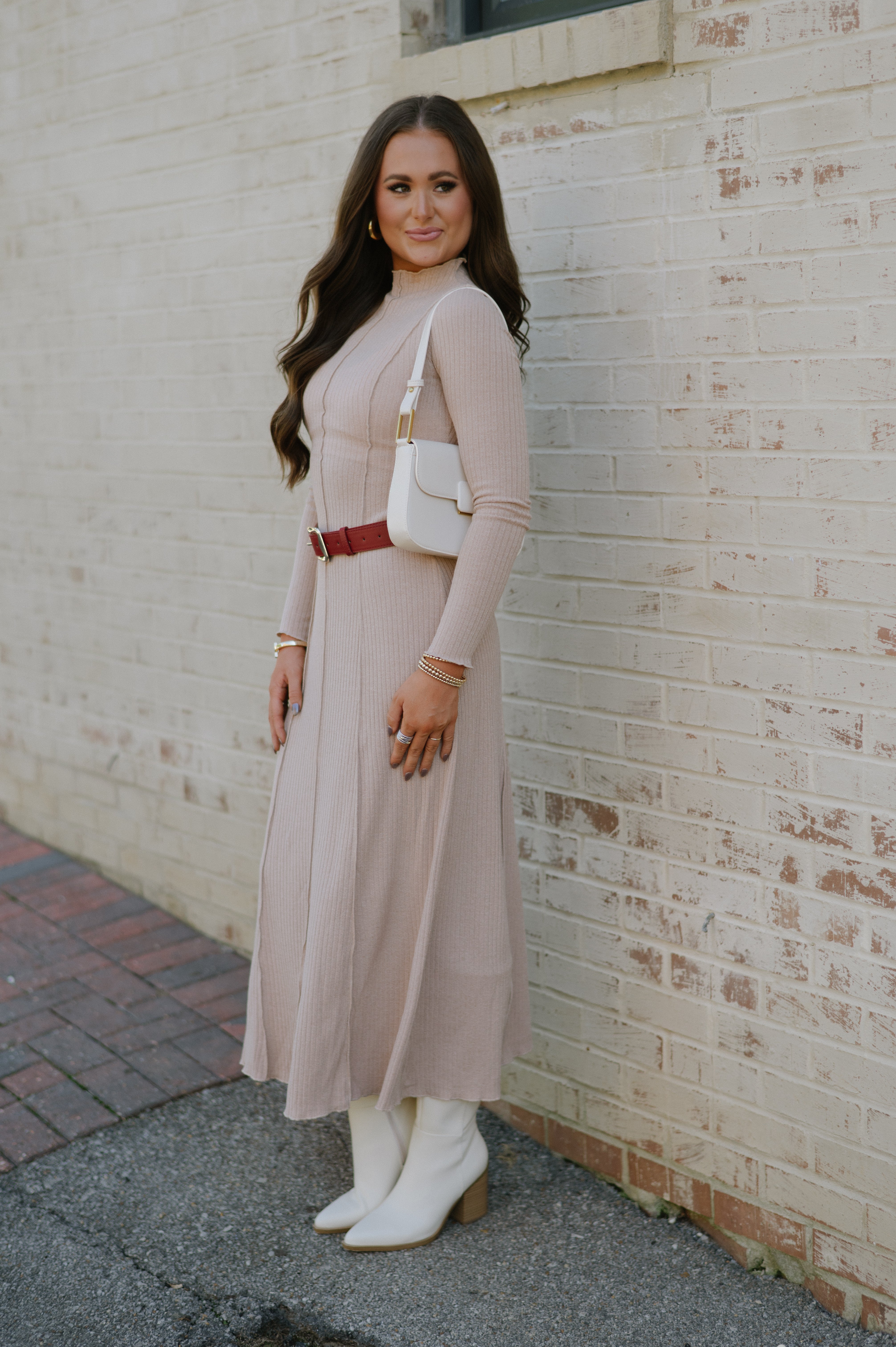 Mock Neck Ribbed Dress-Latte