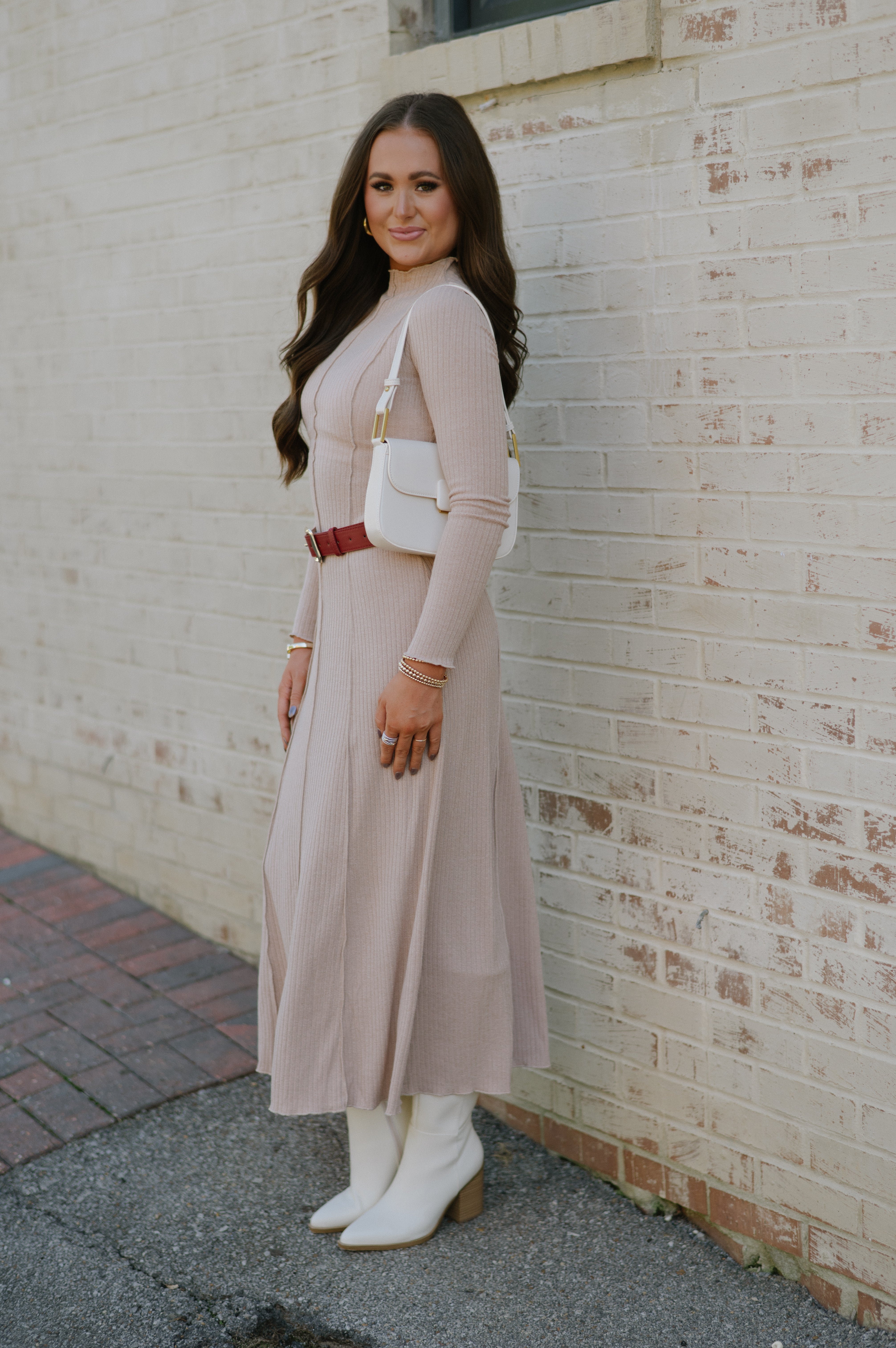 Mock Neck Ribbed Dress-Latte