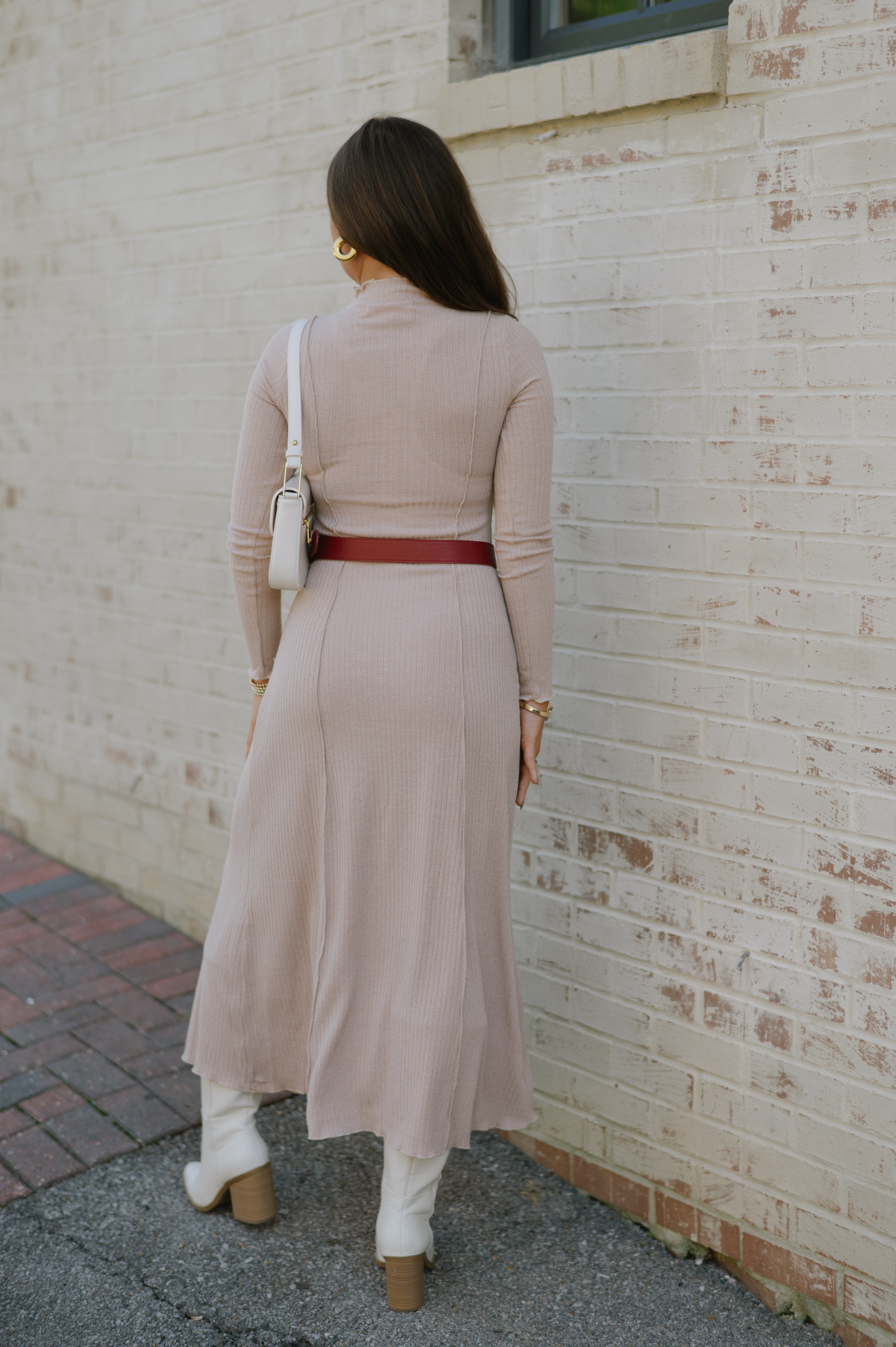 Mock Neck Ribbed Dress-Latte