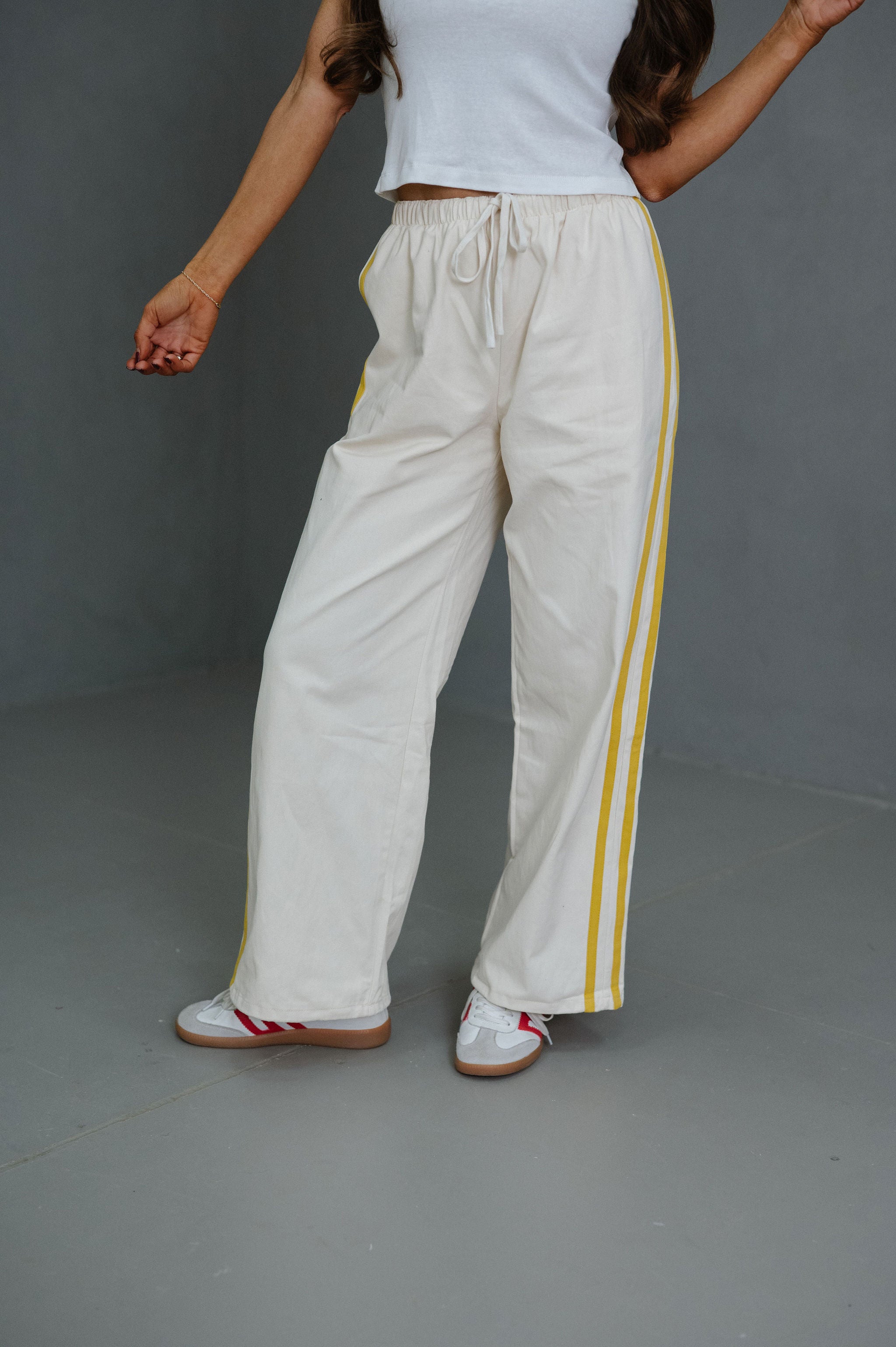 Ellie Wide Leg Track Pants-Ivory/Yellow