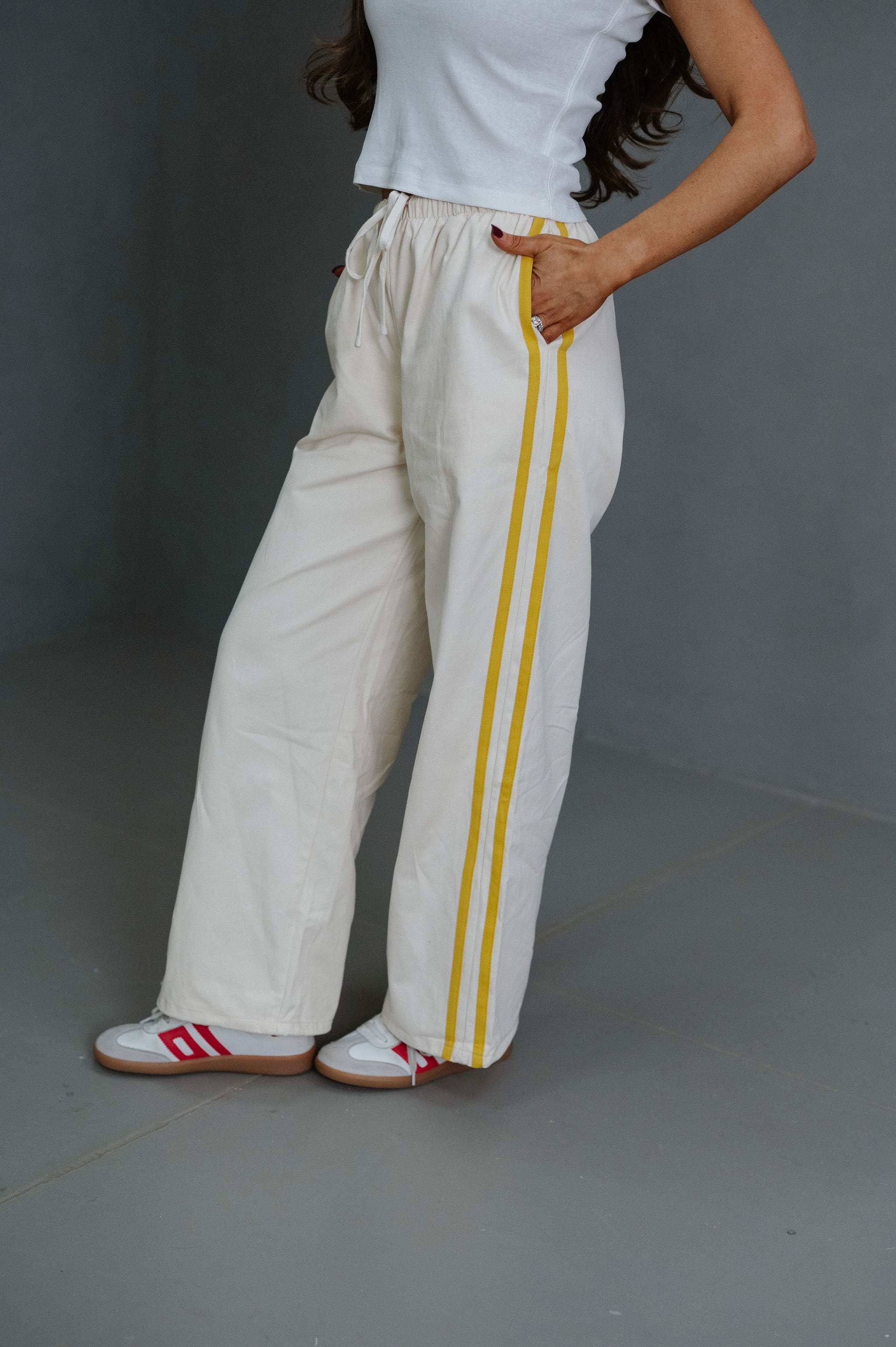 Ellie Wide Leg Track Pants-Ivory/Yellow