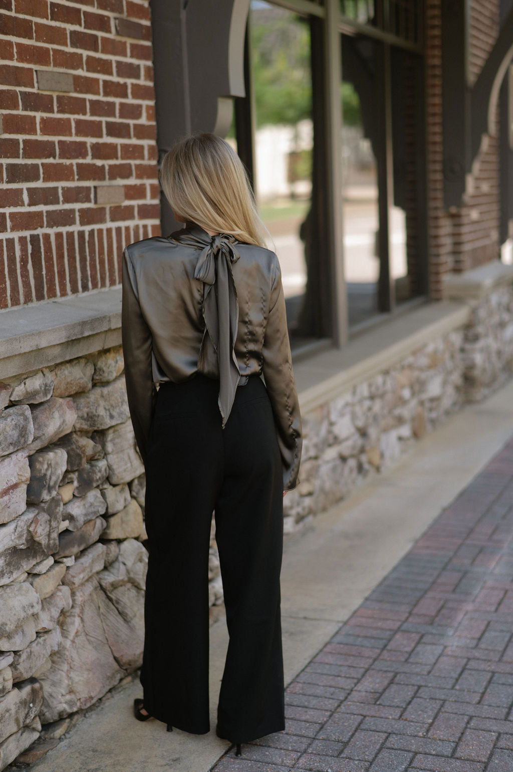 High Neck Satin Blouse-Olive