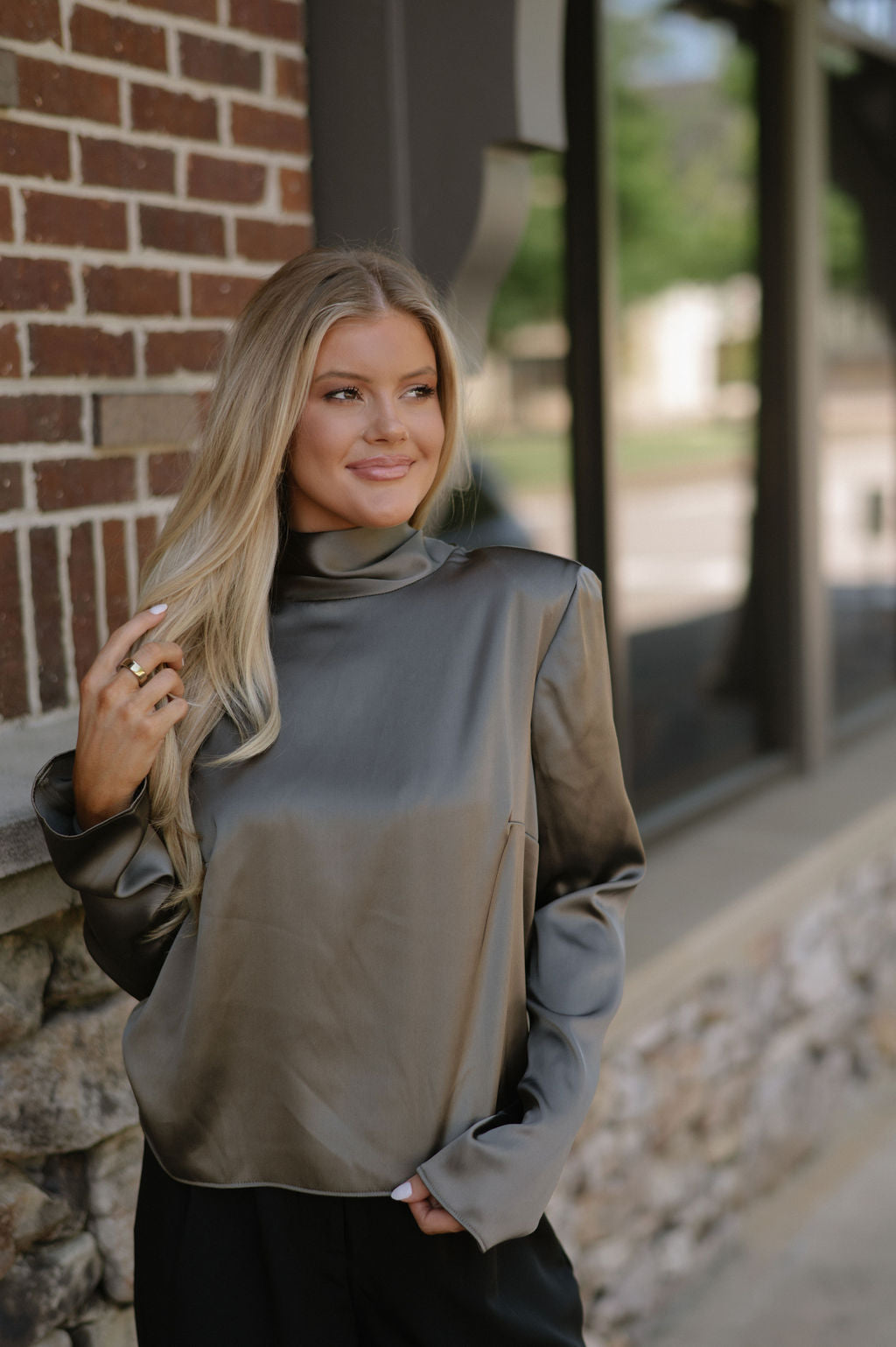 High Neck Satin Blouse-Olive