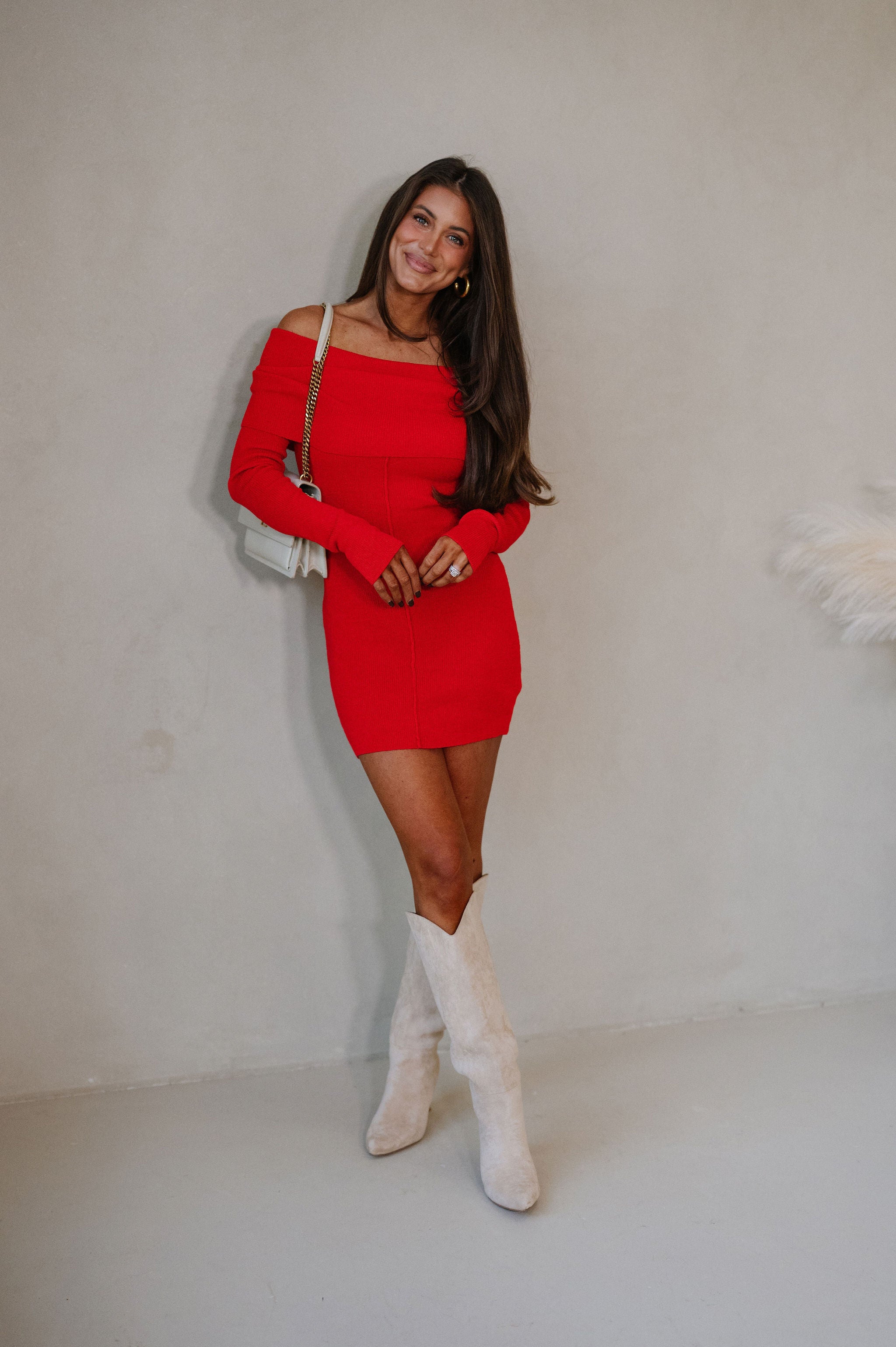 Athena OTS Sweater Dress-Scarlet