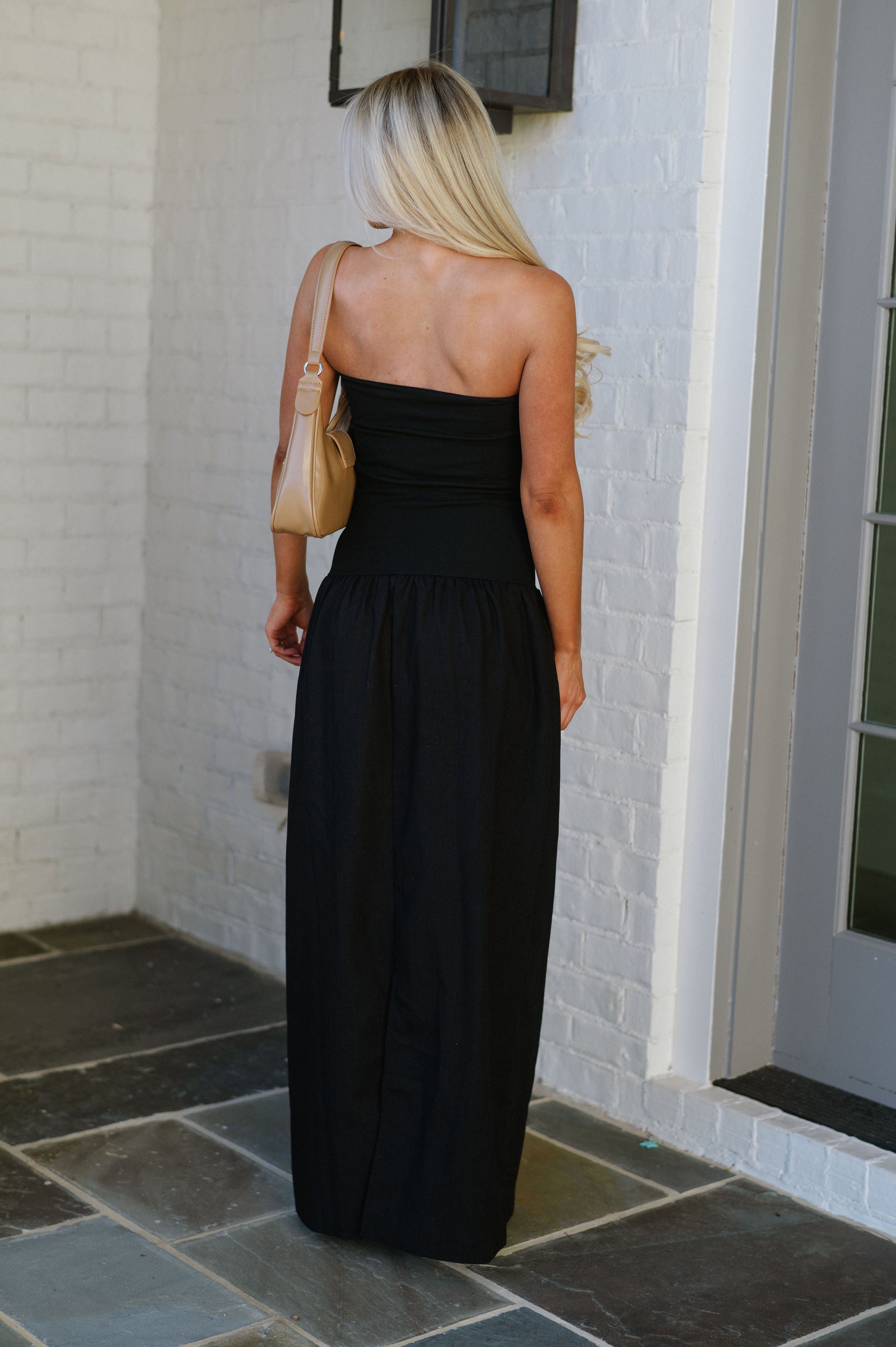 Linen Contrast Maxi Dress-Black