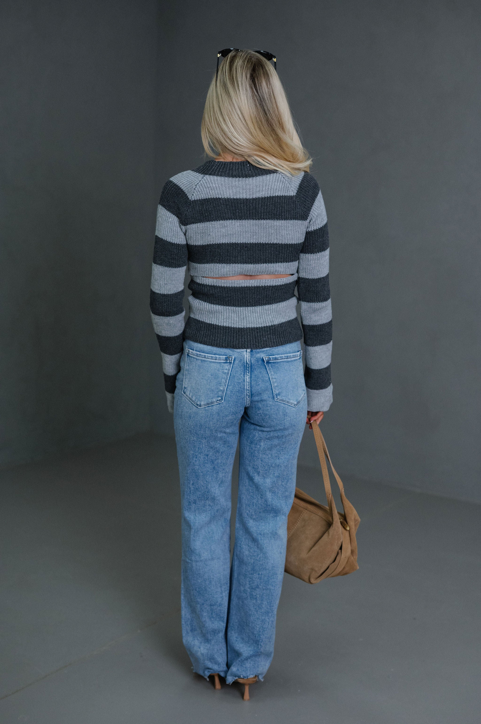 Striped Back Cut Out Sweater-Grey