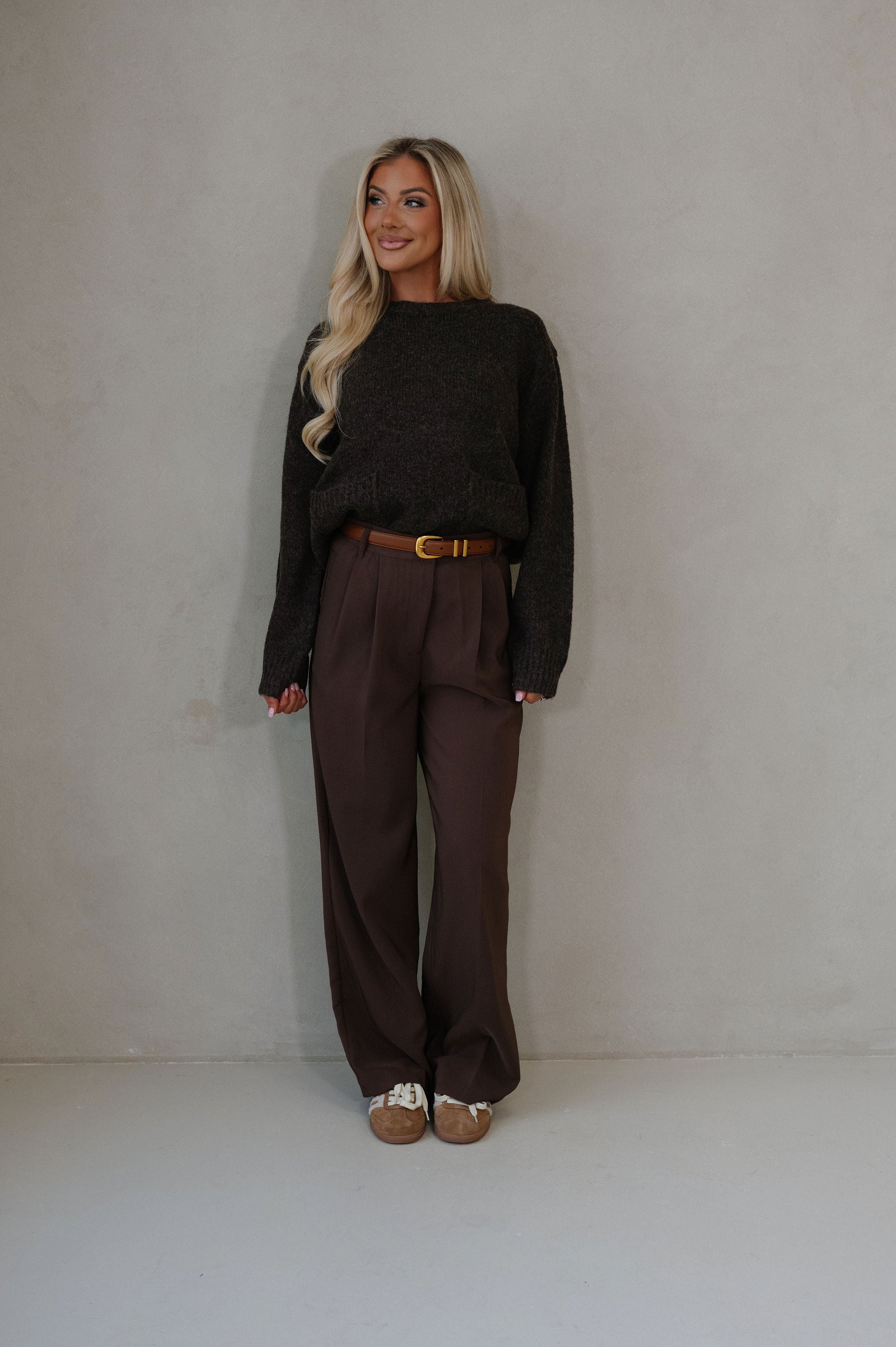 Front Patch Pocket Sweater-Dark Oak