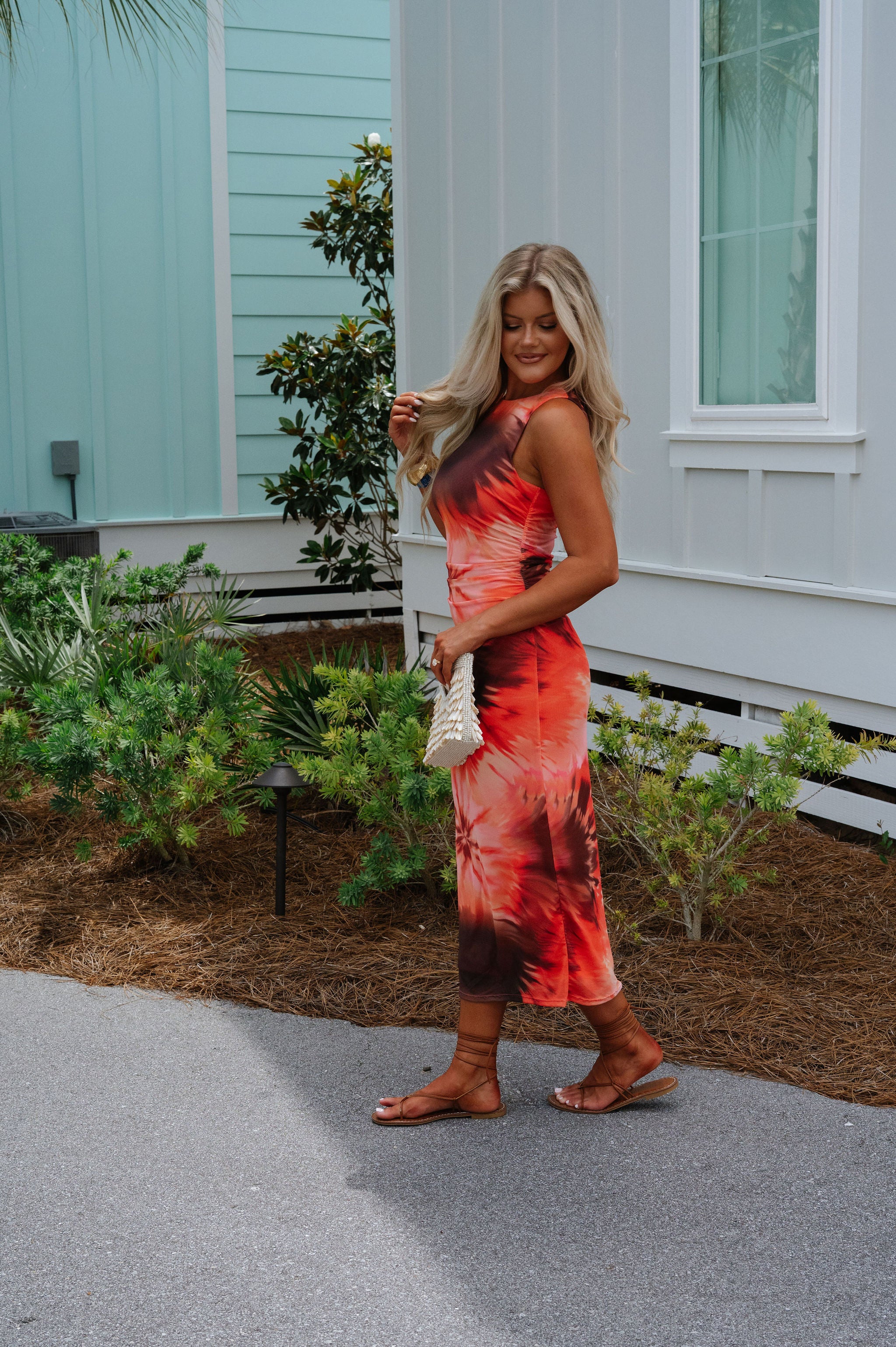 Tie Dye Mesh Midi Dress-Coral Multi