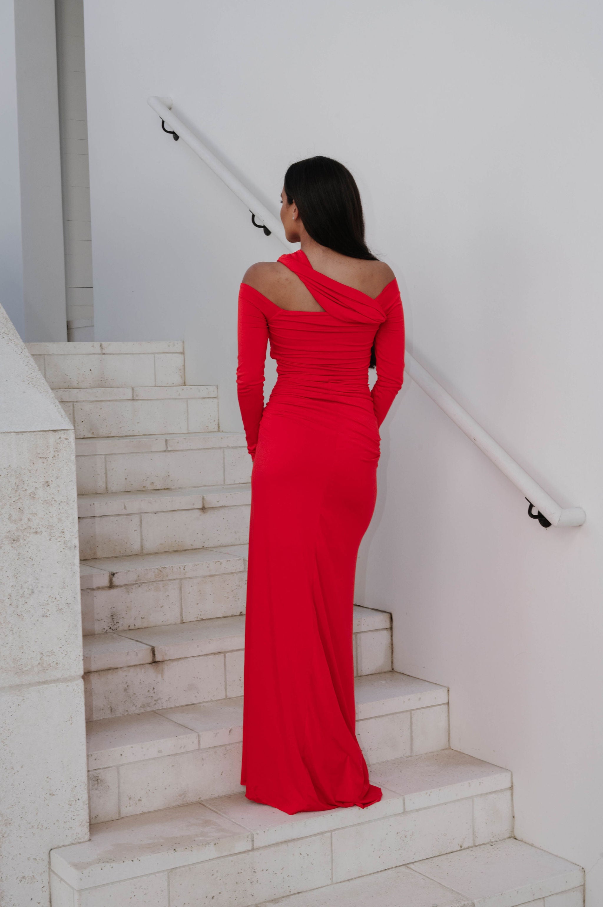 Loren OTS Ruched Maxi Dress-Red