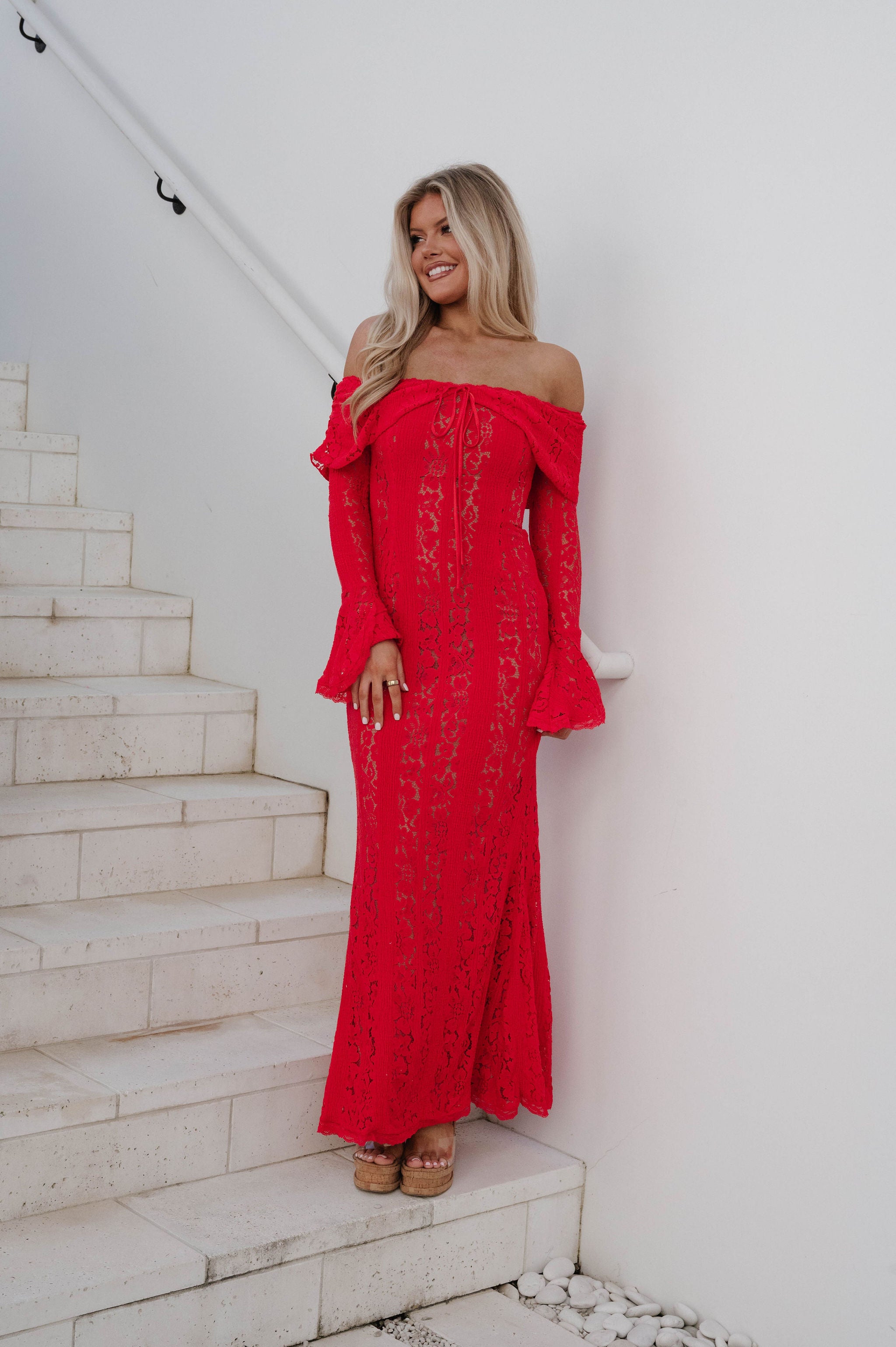 Della Lace Maxi Dress-Red/Nude